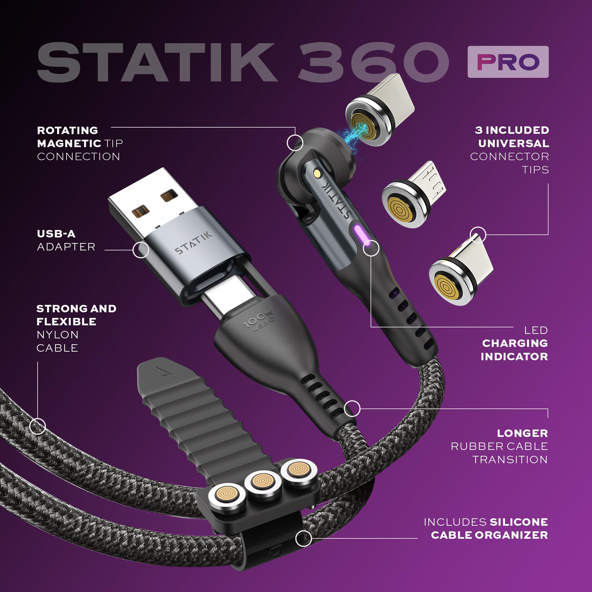 STATIK 360 Pro Magnetic Phone Charger Cable - 3-in-1 Fast Charging Cable with Type C, Micro USB & Lightning Connectors (1M/3FT, Black) - Perfect for Home, Office & Travel Charging Needs