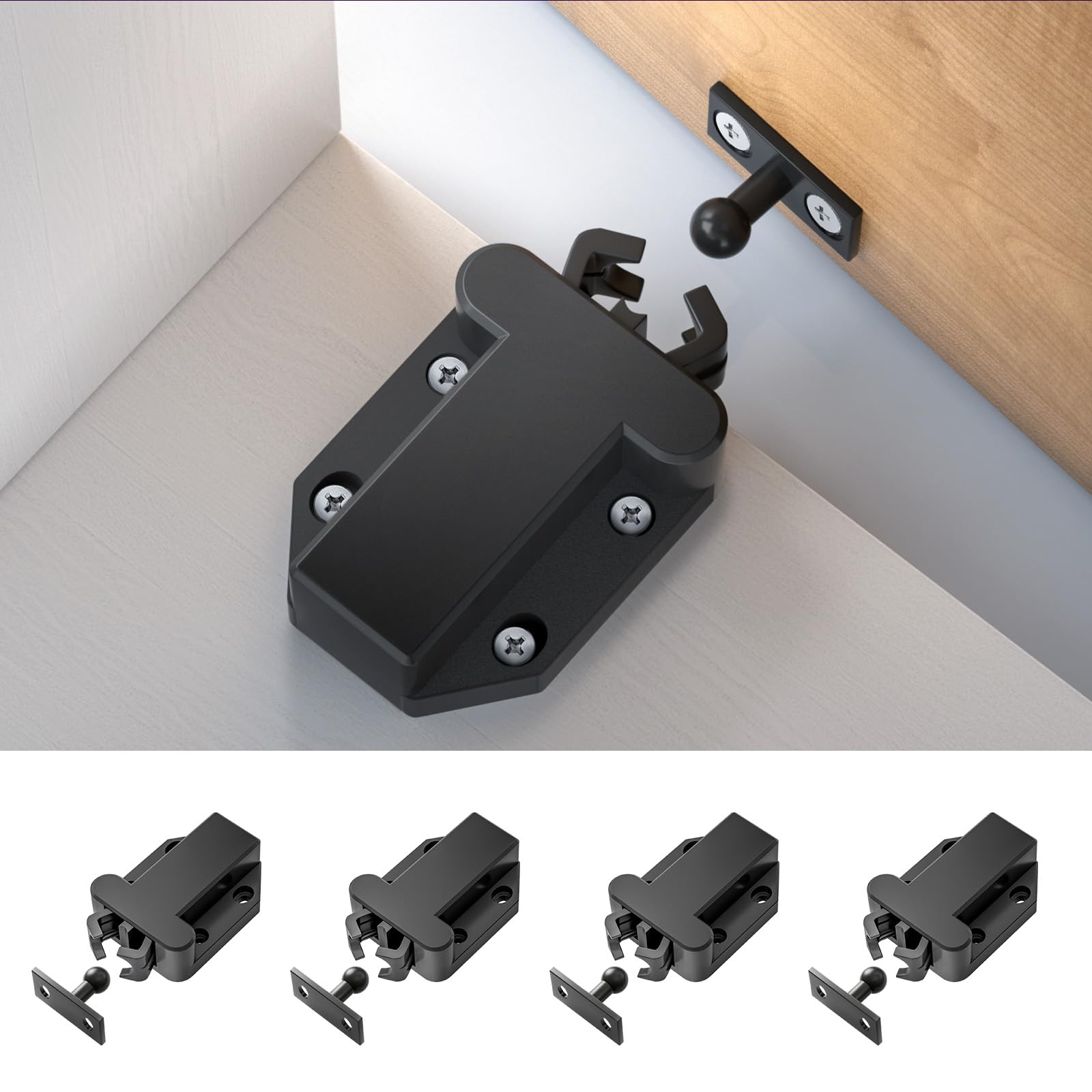 Black 4-Pack Cabinet Push Latch - Push to Open Self-Locking Catch for Cabinet, Drawer, Wardrobe & Kitchen Door | Durable Rebound Latch Hardware for Easy Access (Perfect for Home, Office & RV Organization)