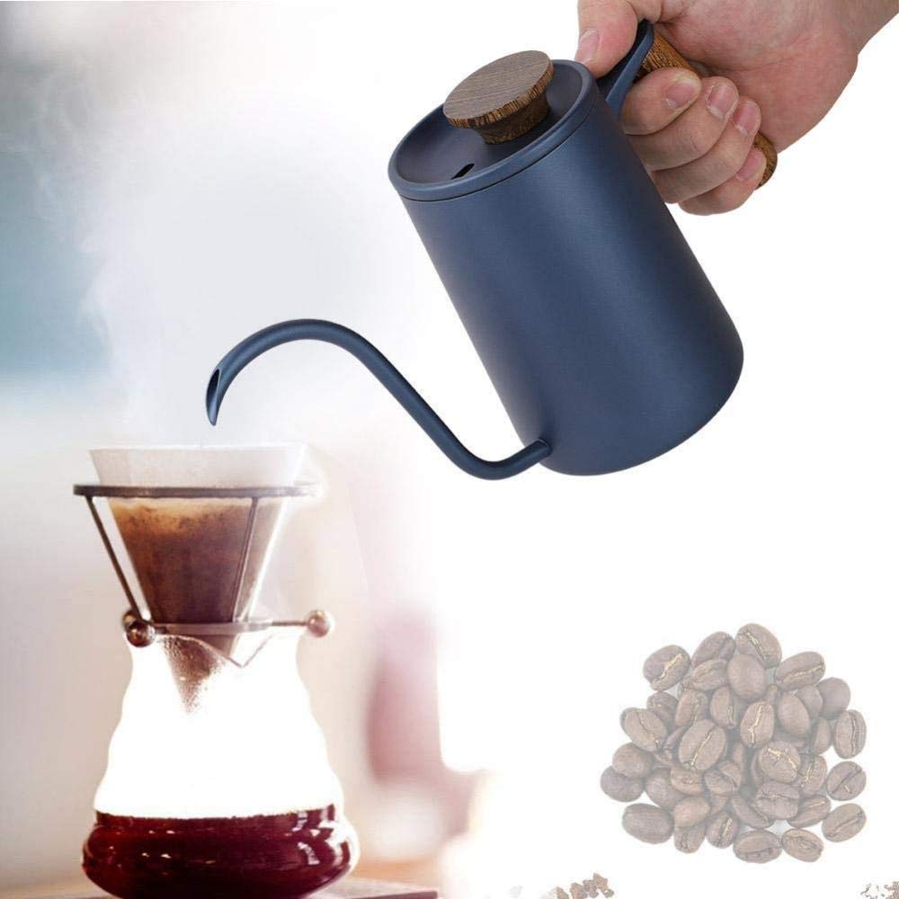 Premium 600ml Stainless Steel Gooseneck Drip Coffee Pot with Ergonomic Handle - Perfect for Pour Over Coffee, Chemex & French Press Brewing (Blue)