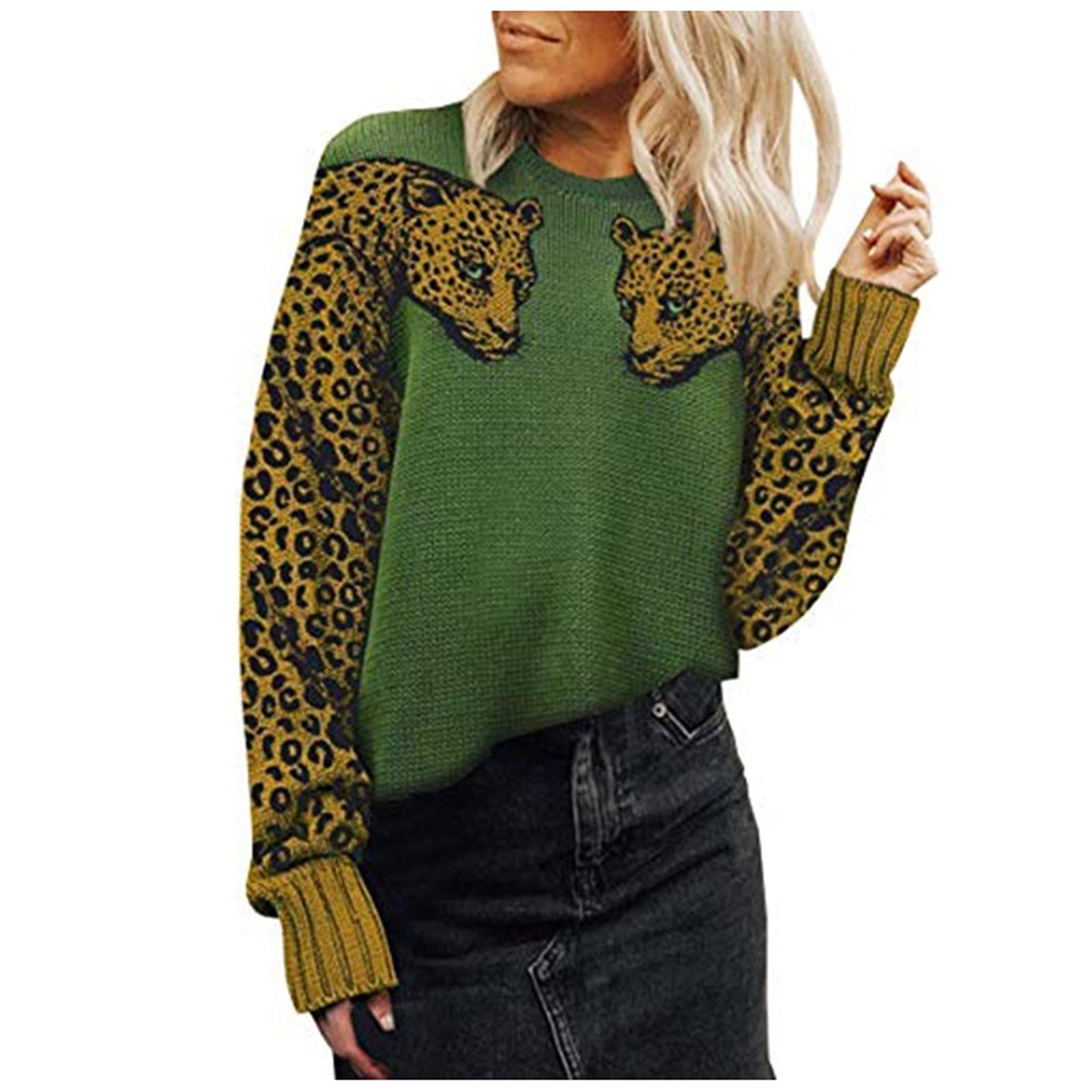 Women's Fall Sweaters - Casual Leopard Print Patchwork Crewneck Long Sleeve Knit Cropped Pullover Top | Cozy Autumn Fashion for Work & Weekend Outings