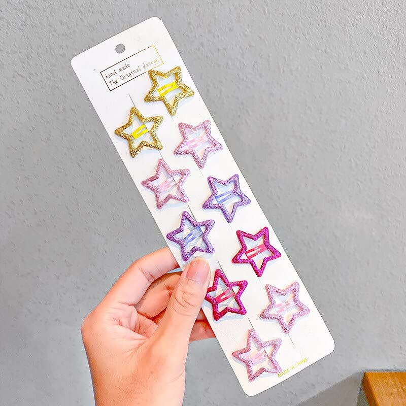 PLUCKET® 10 Pack Multicolor Glitter Hair Clips - Star Shaped Barrettes for Baby Girls, Kids & Women | Hair Accessories for School, Parties & Everyday Use