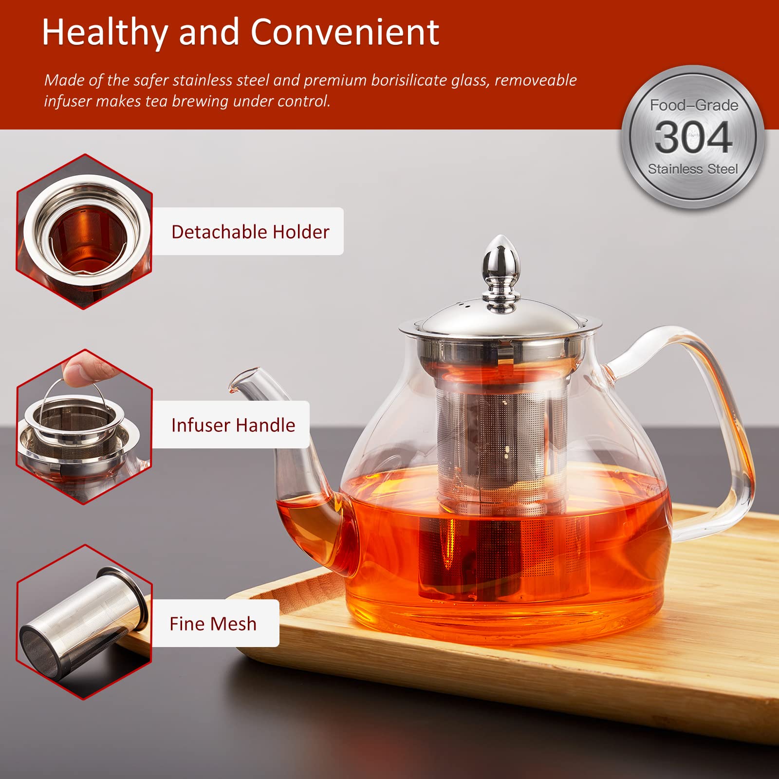 Premium 40oz Glass Teapot with Removable Stainless Steel Infuser - Perfect for Blooming Tea, Loose Leaf Tea & Herbal Brews - Stovetop & Microwave Safe Gooseneck Kettle - Elegant Gift Box Included - Ideal for Home, Office & Tea Ceremonies