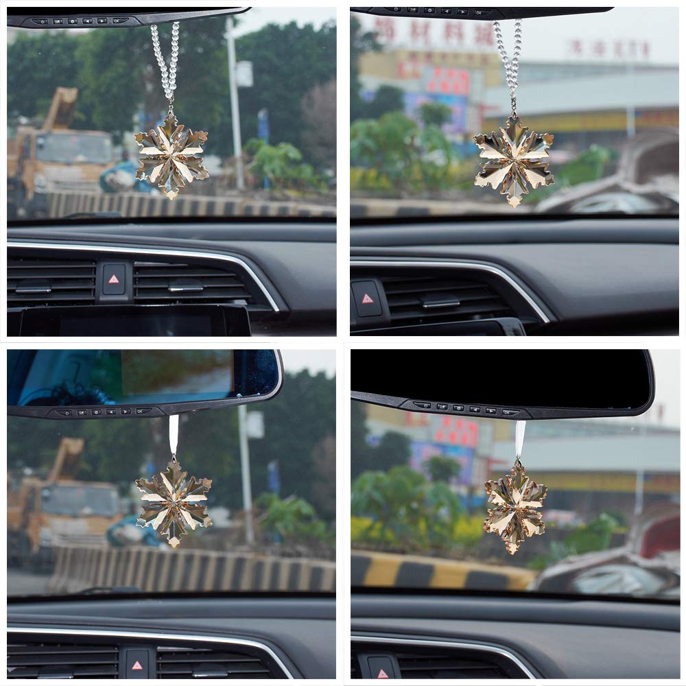 Elegant Crystal Snowflake Car Rear View Mirror Pendant - Champagne Christmas Car Hanging Ornament & Lucky Charm | Perfect for Holiday Decorations, Gift Giving & Year-Round Vehicle Accessories