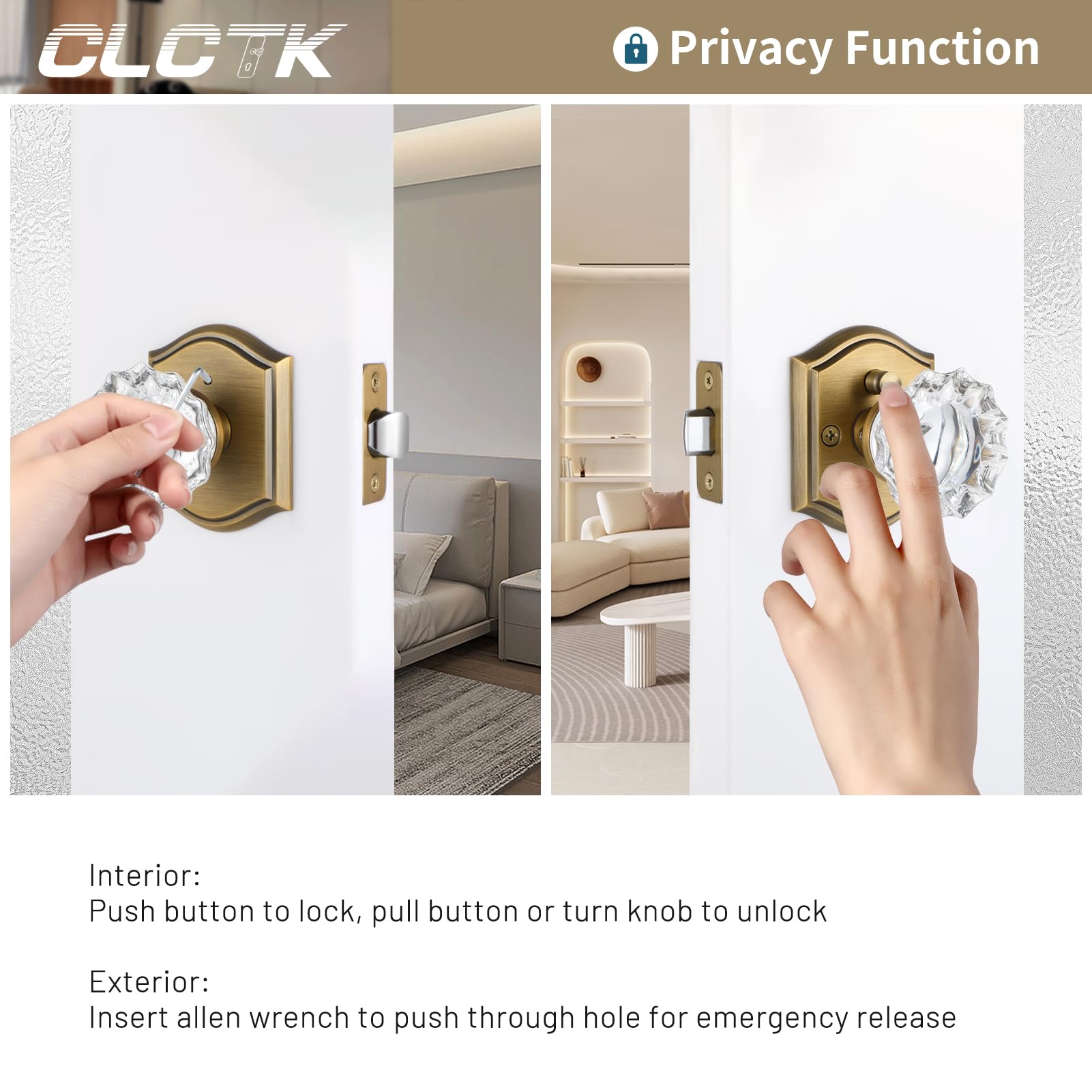 Vintage Crystal Glass Door Knobs with Lock - Antique Brass Interior Privacy Door Handles for Bedroom & Bathroom (1 Pack) - Perfect for Home Renovation & Vintage Style Decor