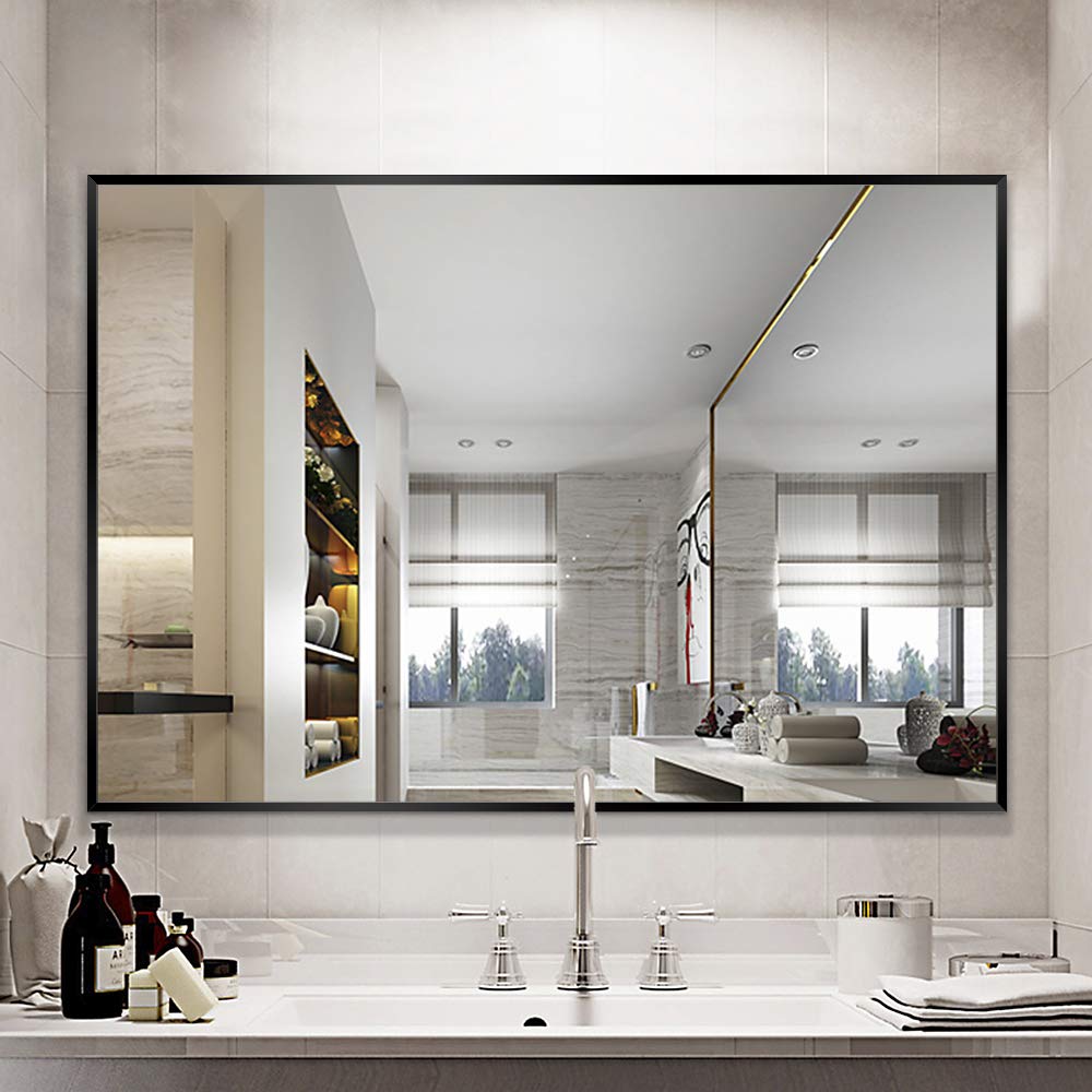 NeuType 32x24 Inch Black Wall Mirror - Bathroom Mirror with Polystyrene Frame, Large Wall Mounted Mirror for Bathroom, Shower & Living Room - Farmhouse Decor for Home & Apartment