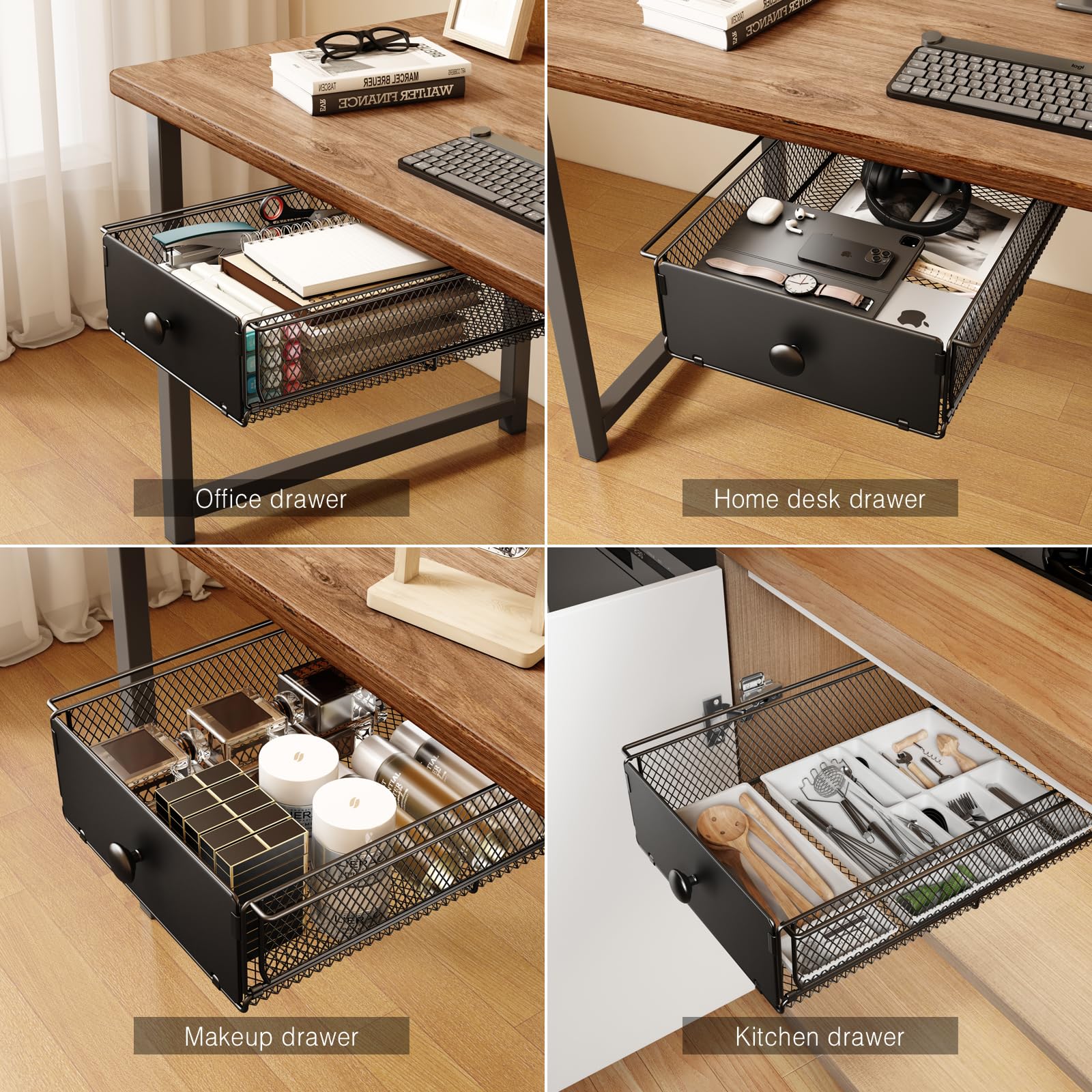 VOLDRA 2 Pack Under Desk Drawer Organizer - Heavy Duty Metal Slide Out Storage Tray for Office Desk (15