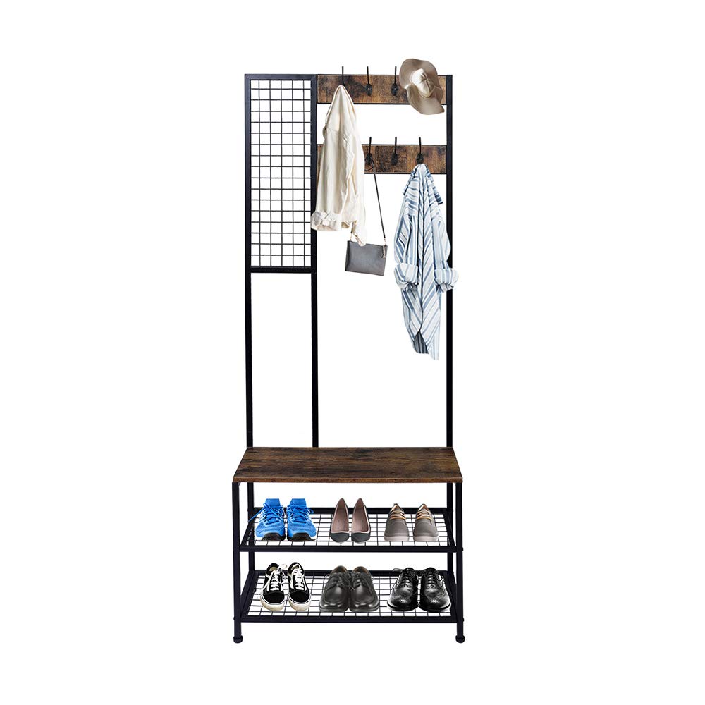 3 in 1 Industrial Coat Rack & Entryway Shoe Bench with Storage Shelf - Heavy Duty Metal Frame Hall Tree Organizer for Home, Office & Mudroom - Perfect for Entryway, Foyer & Small Space Organization