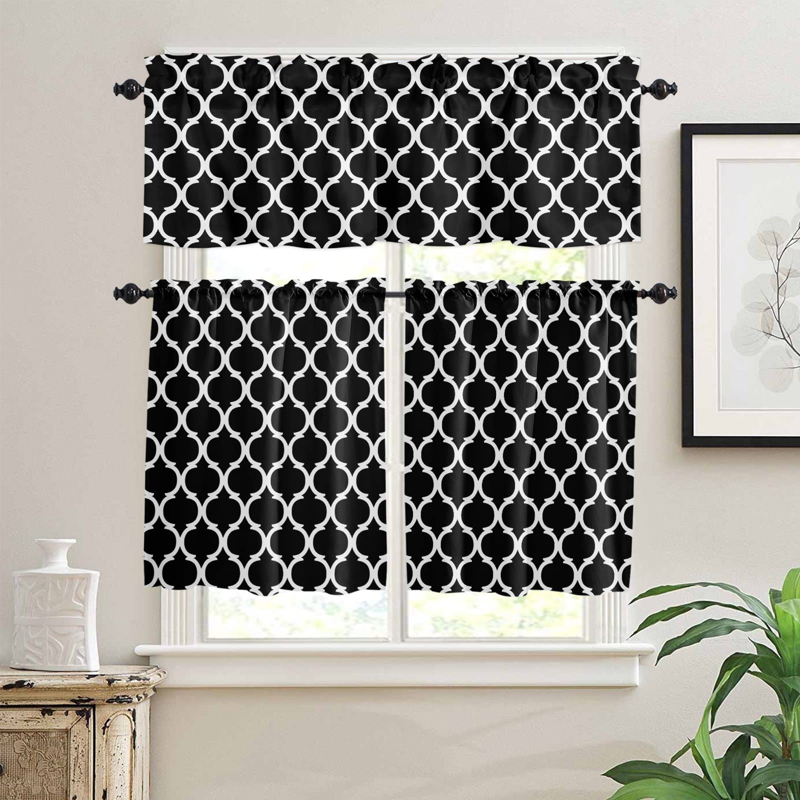 Black Moroccan Pattern Semi-Sheer Kitchen Curtains Set - 3 Piece Rod Pocket Window Valance & Tier Curtains for Bedroom, Living Room | Light Filtering, Privacy & Stylish Home Decor