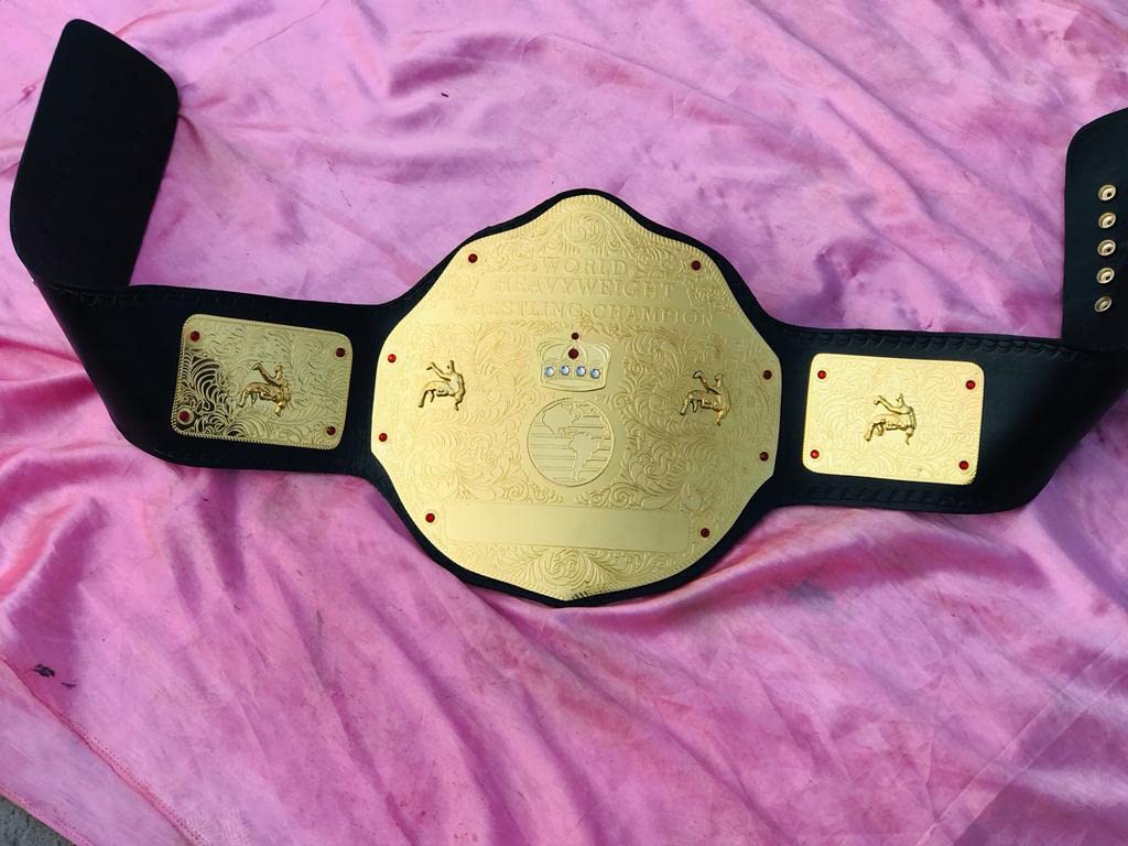WWF Big Gold World Heavyweight Championship Wrestling Replica Belt - 2mm Gold Plated Brass, Black Leather Strap - Perfect for Cosplay, Collectors & Wrestling Fans