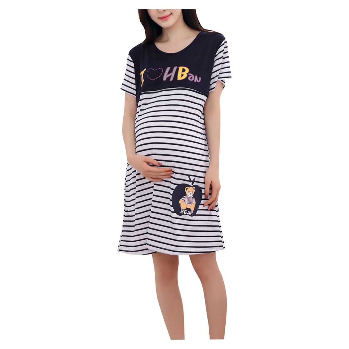 Comfortable Women's Maternity Nursing Nightgown with Zipper - Soft Striped Breastfeeding Nightshirt for Easy Nursing & Postpartum Recovery - Perfect for Nighttime Feeding & Hospital Stay