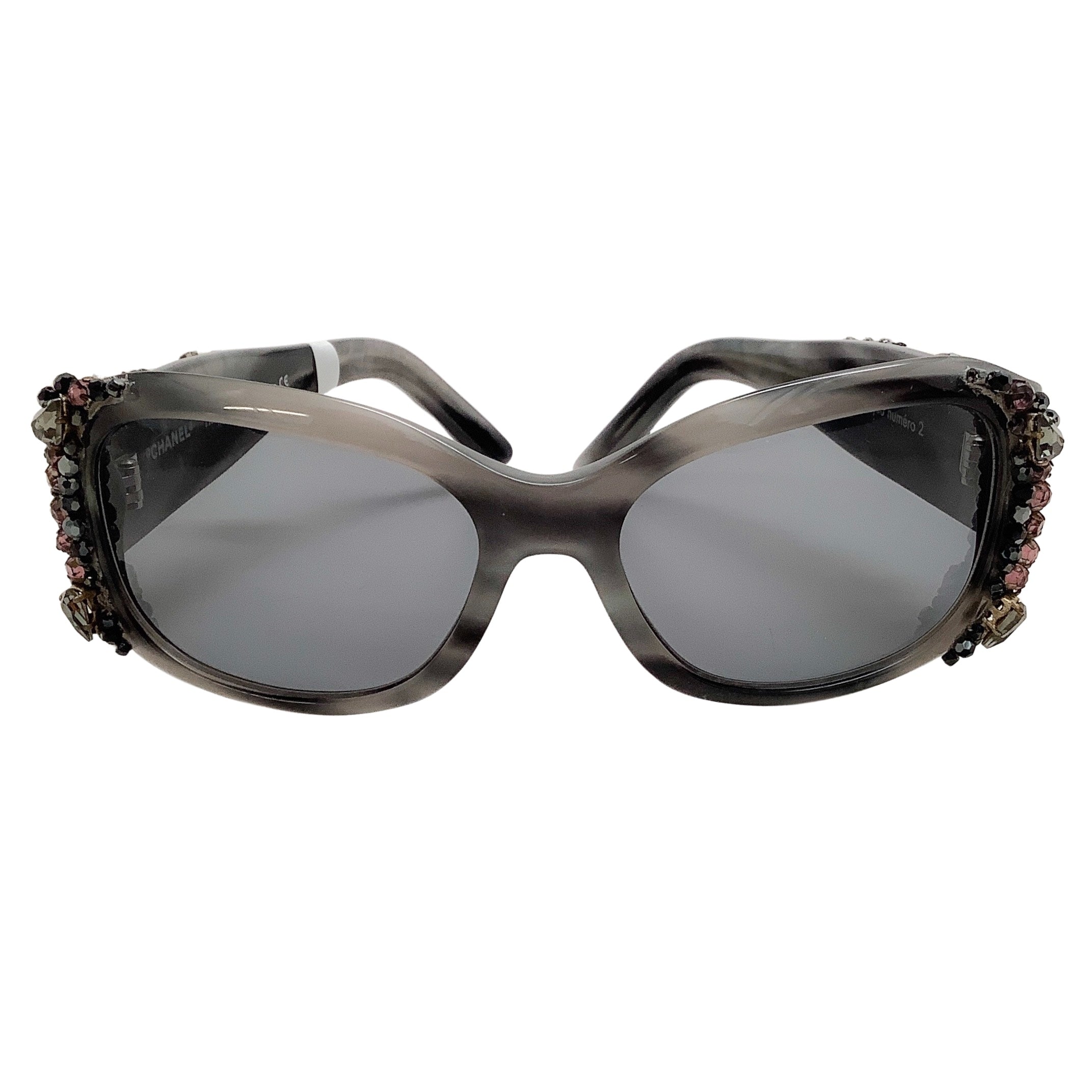 Chanel Grey Crystal Bijou Numero 2 Sunglasses for Women - Luxury Designer Fashion Sunglasses with Crystal Accents - Perfect for Beach, Travel & Everyday Wear