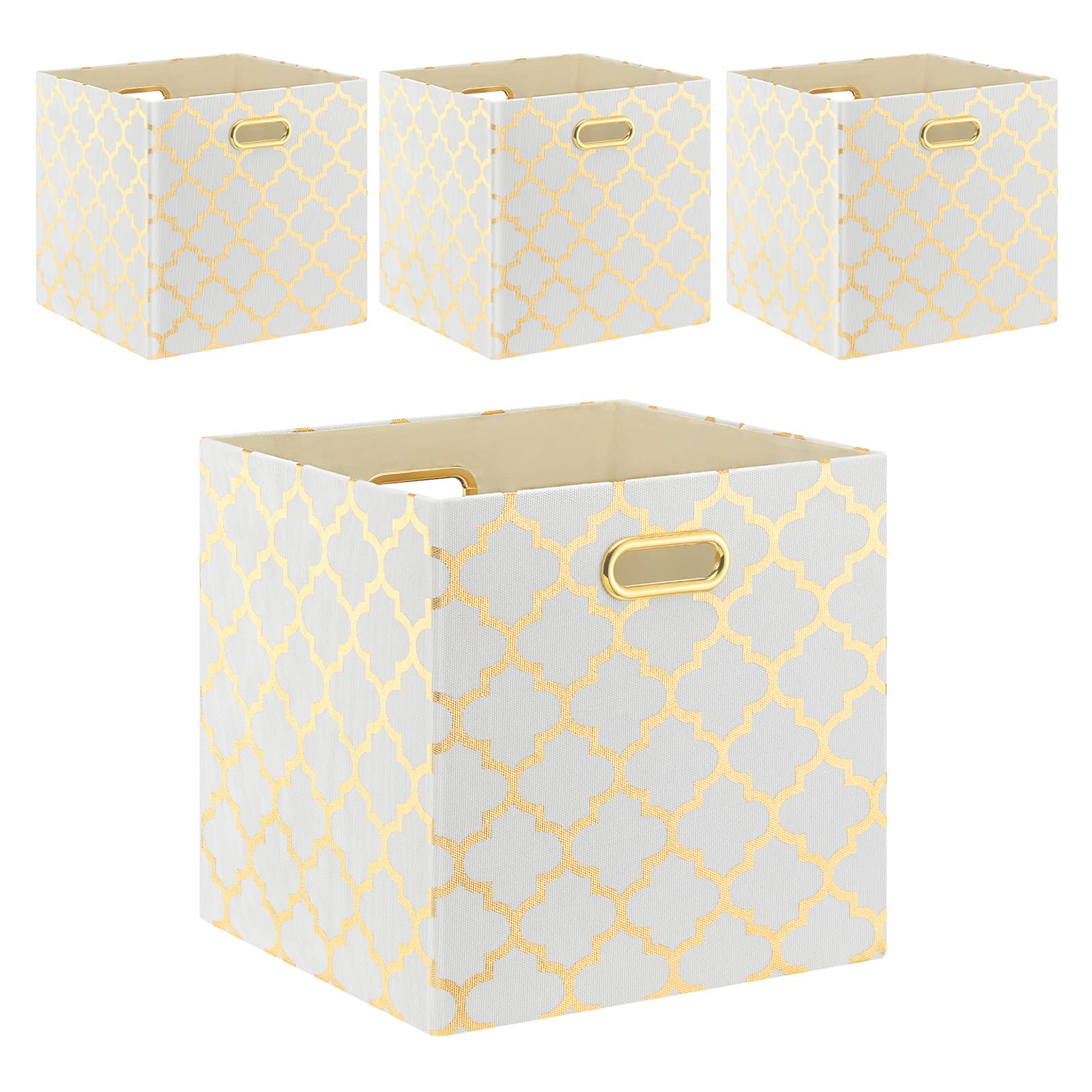 Fboxac 13x13 Inch Cube Storage Bins - Set of 4 Foldable Fabric Organizer Baskets with Handles, Large Capacity Closet & Shelf Organizers for Bedroom, Office, Nursery (Lantern White Gold) - Perfect for Home Organization, Clothes Storage & Kids Toy Bins