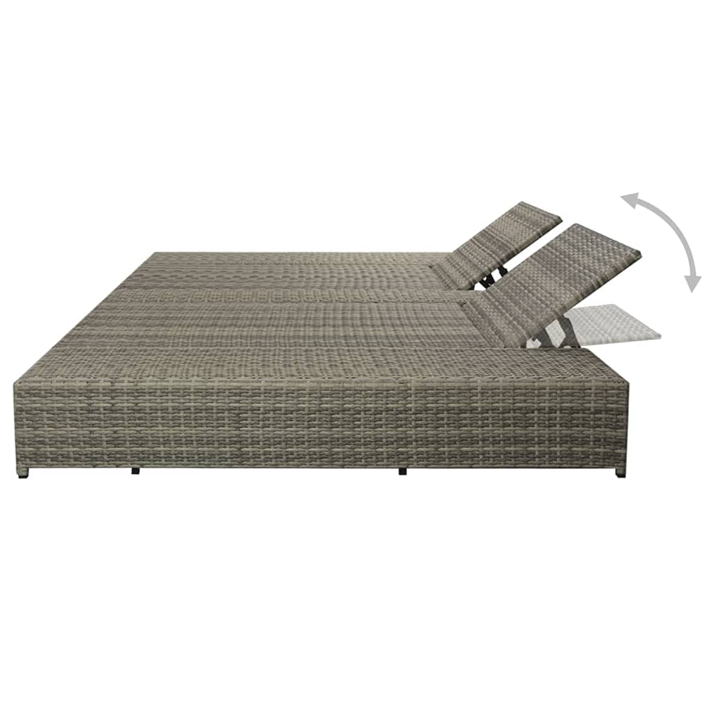 Adjustable Double Sun Lounger with Cushion - Gray Poly Rattan Outdoor Patio Lounge Chair for Garden, Poolside & Backyard Relaxation