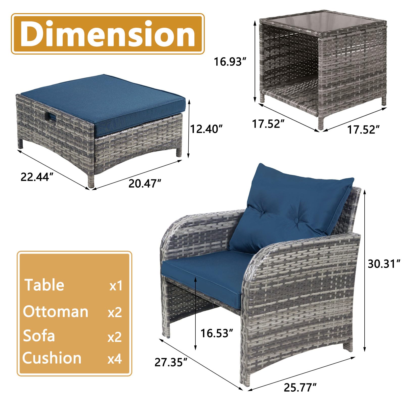 5-Piece All-Weather PE Rattan Outdoor Patio Furniture Set with Ottoman - Wicker Conversation Chairs for Poolside, Garden, Balcony & Backyard (Blue) - Perfect for Relaxing, Entertaining & Outdoor Lounging