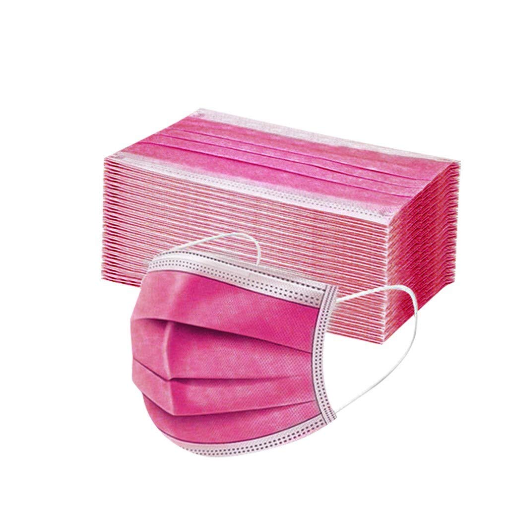 50-Pack Black Pink Purple Disposable 3-Ply Face Masks for Adults - Breathable Protection for Daily Use, Work & Travel (Dark Pink)