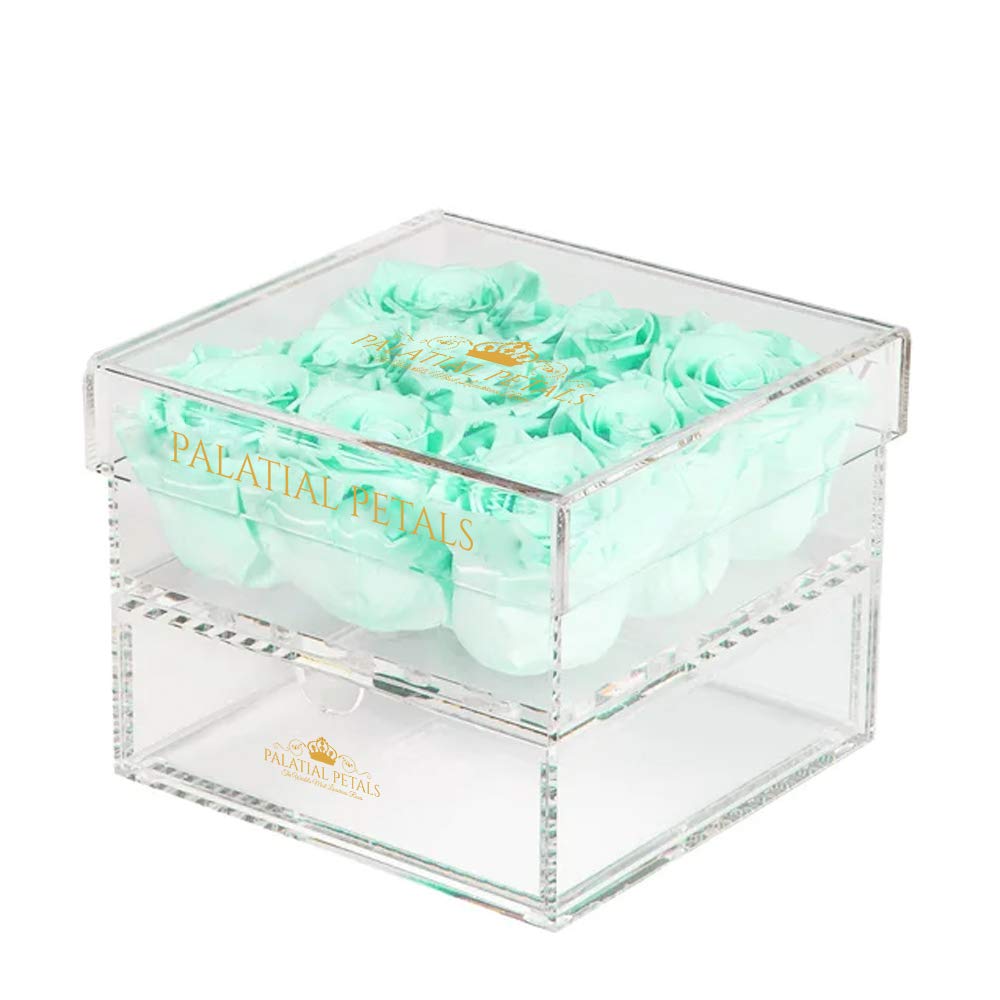 PALATIAL PETALS Real Preserved Roses That Last 1 Year - Luxury Acrylic Jewelry Box Organizer & Home Decor | Eternal Rose Gift Box for Valentine's Day, Anniversary & Romantic Occasions (Aqua Blue)