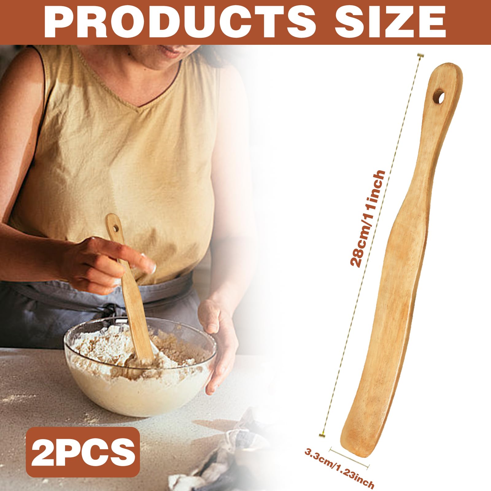 2Pcs Wooden Spatula for Cooking & Baking - Sourdough Spurtle Kitchen Tools with Hanging Holes - Perfect for Dough Mixing, Stirring, Fermentation & Bread Making - Ideal for Home Bakers & Professional Chefs