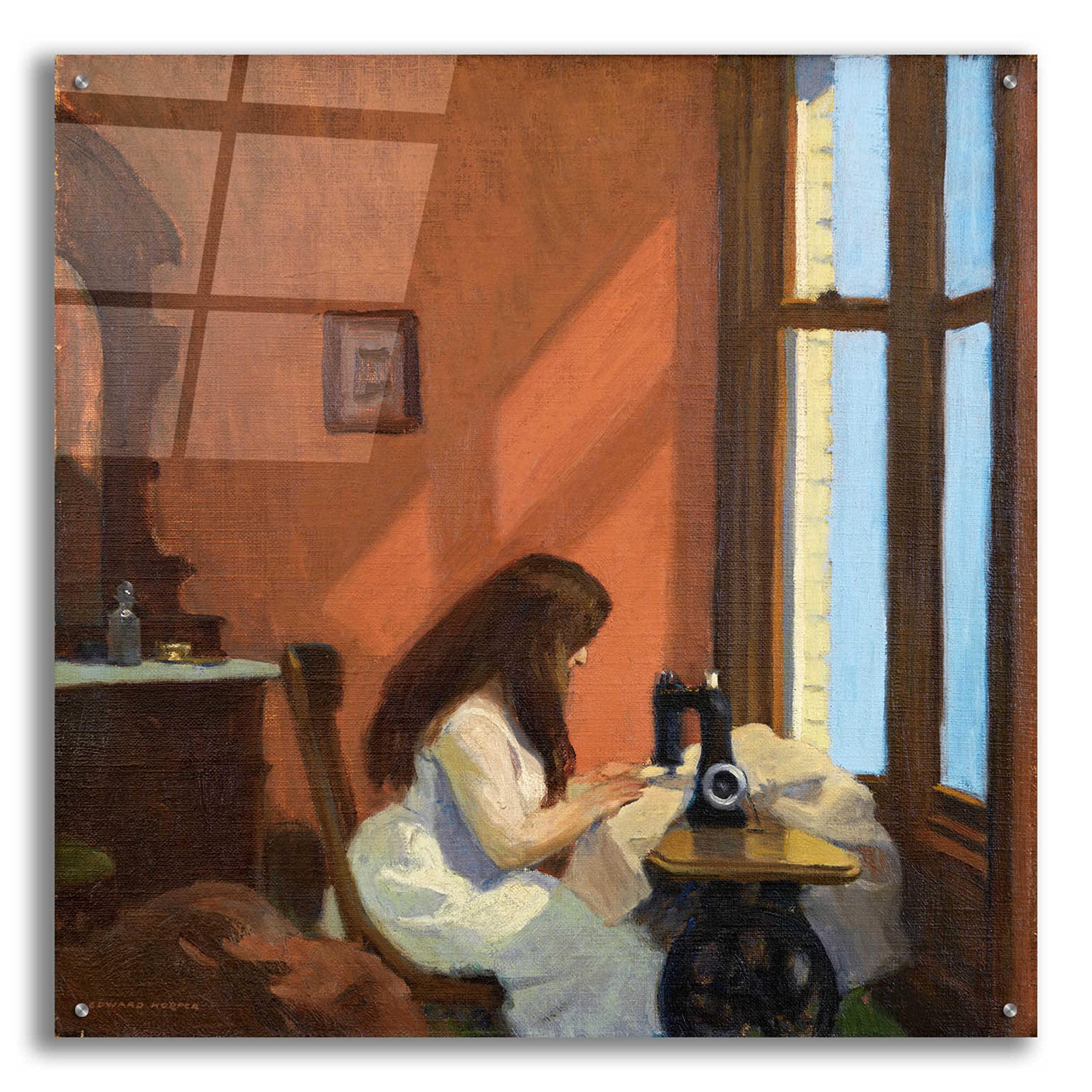 Edward Hopper 'Girl at Sewing Machine 1921' Acrylic Glass Wall Art Print - 36x36 Inches Modern Home Decor for Living Room, Bedroom & Office