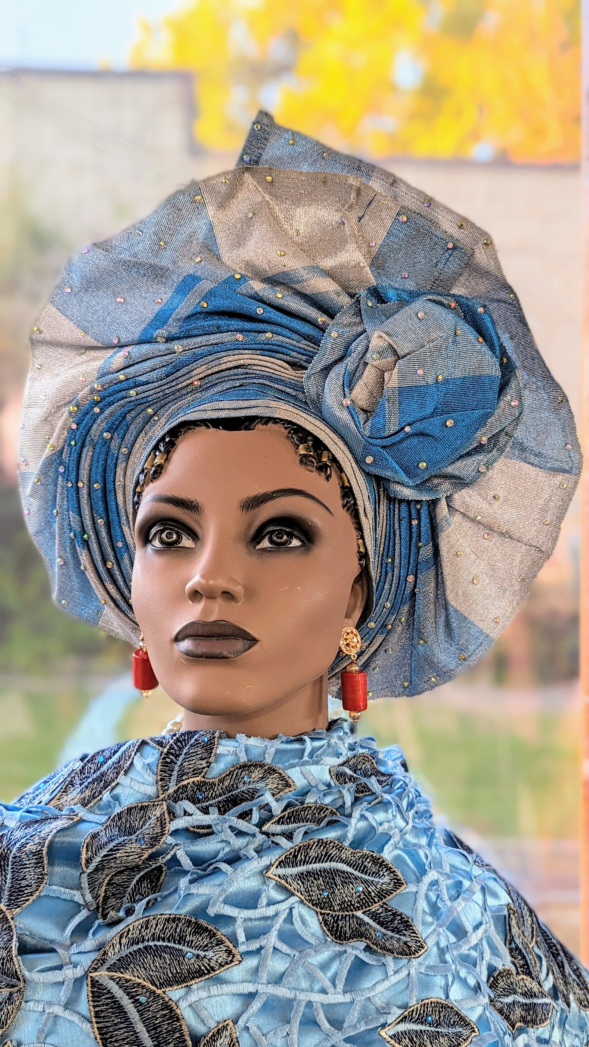 Turquoise Blue African Aso Oke Head Wrap - Pre-Tied Autogele Head Tie for Women | Traditional Nigerian Fashion Accessory | Perfect for Weddings, Parties & Cultural Events
