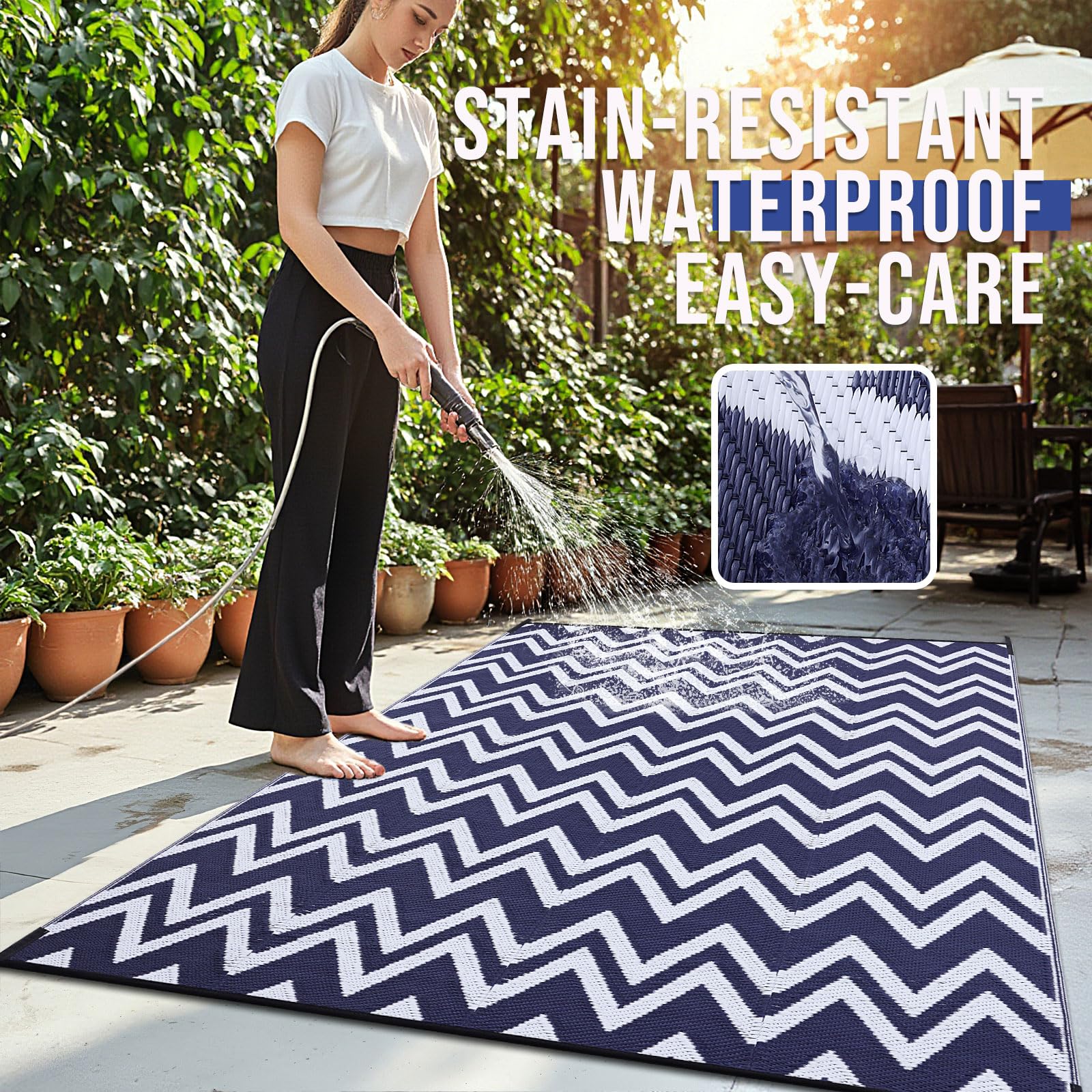 OLANLY 9x12 ft Waterproof Reversible Outdoor Rug - Non-Slip Plastic Straw RV Mat for Patio, Deck, Camping & Backyard - Navy & White Indoor/Outdoor Carpet | Perfect for Picnics, Beach Trips & Balcony Decor