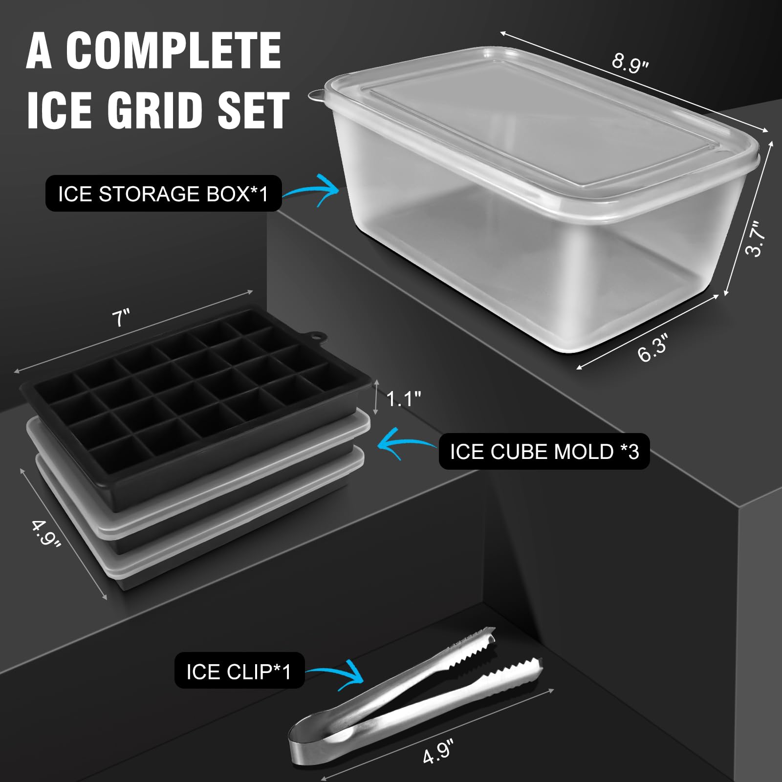 Walfos 3-Pack Silicone Ice Cube Tray Set with Storage Bin & Lid - Easy Release Square Ice Molds for Freezer - Perfect for Cocktails, Iced Coffee, Whiskey & Cold Drinks - Includes Ice Tongs for Home Bars & Parties