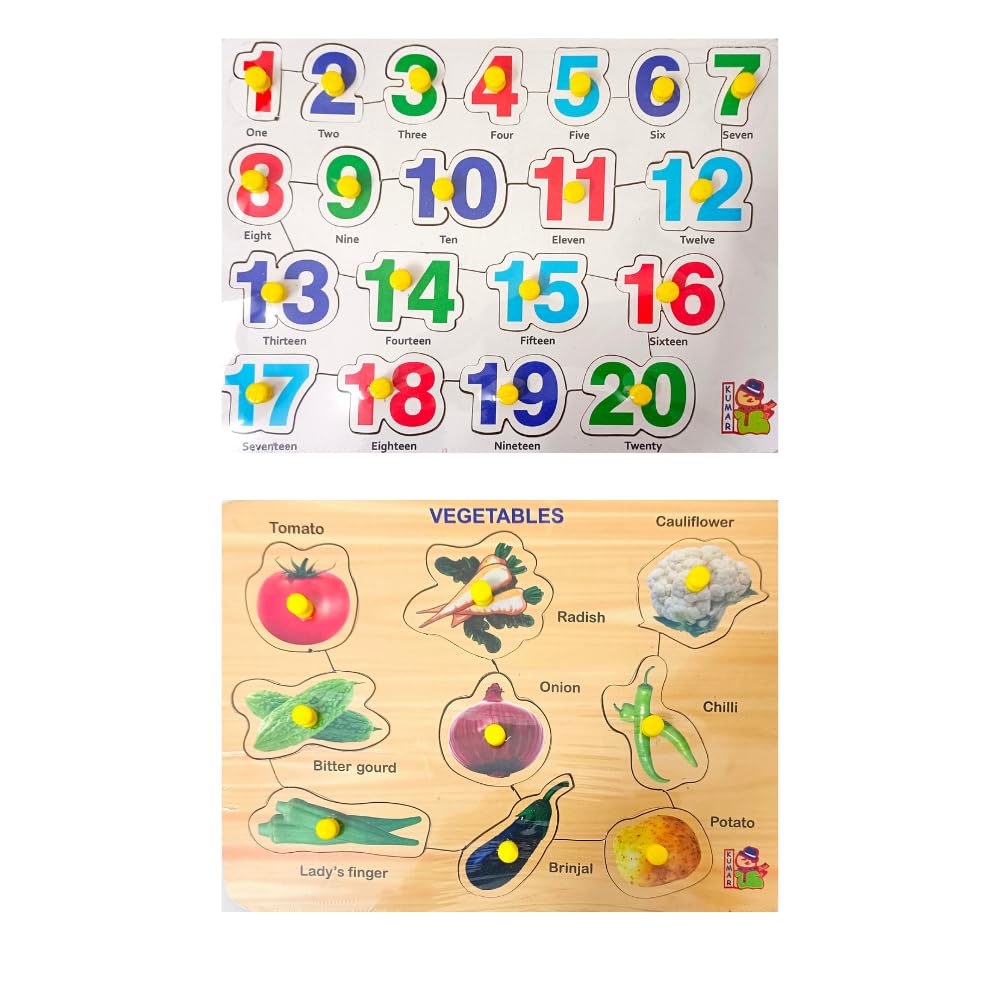 5-Piece Wooden Learning Puzzle Set for Kids & Adults - Numbers 1-20, Vegetables, Shapes, Birds, Wild Animals - Educational Wooden Toys for Toddlers 3+ and Jigsaw Puzzles for Family Game Night