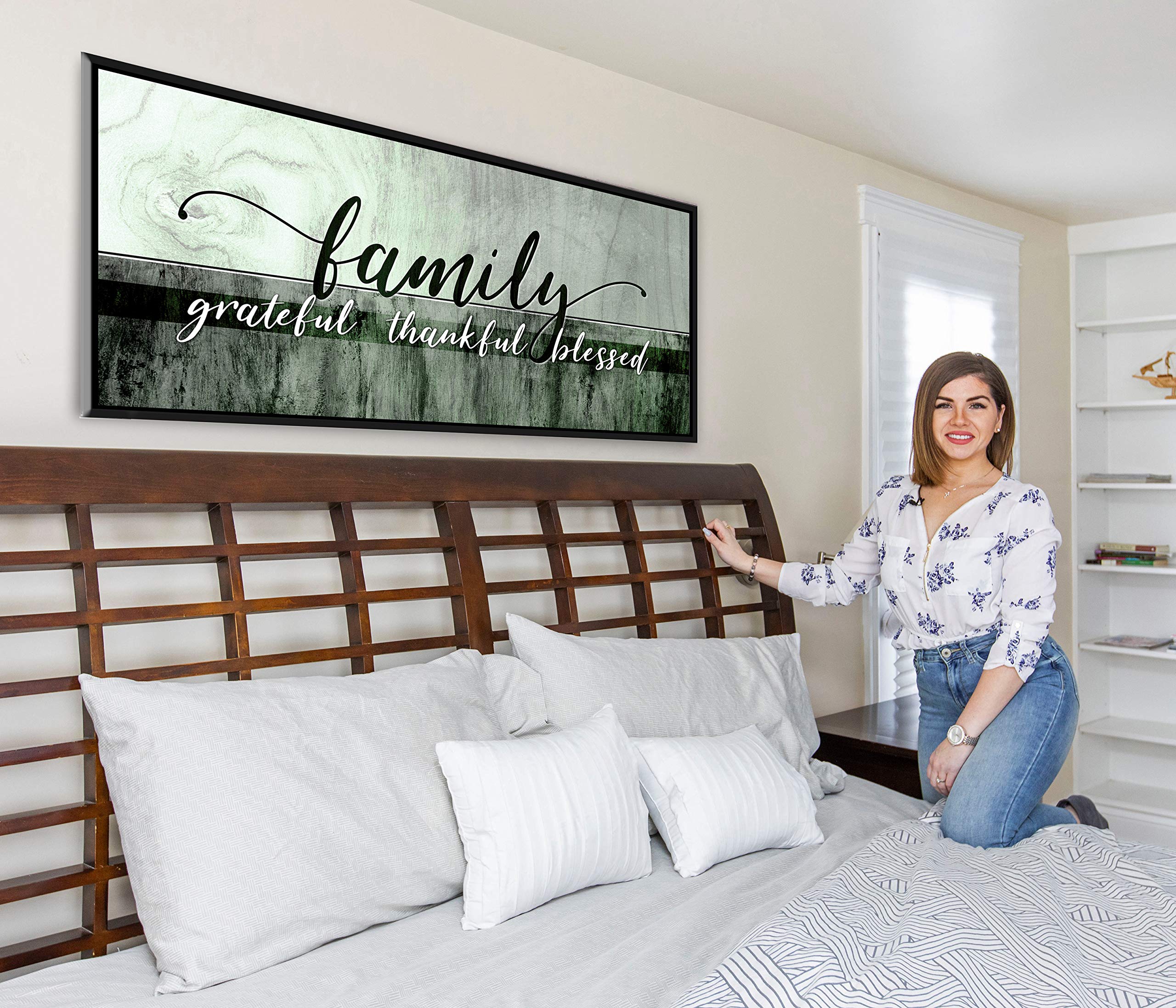 Christian Family Wall Decor - Blessed Thankful Grateful Sign with Floating Frame (Green, 42x19 Inch) - Perfect for Living Room, Bedroom & Home Decorations