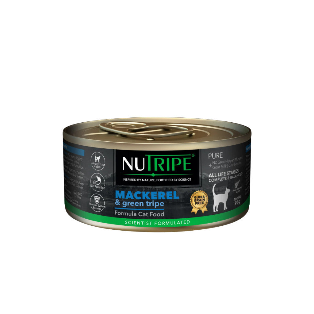 Nutripe Pure Cat Wet Food - Grain Free, Gum Free, 95g Mackerel & Green Tripe Ocean Fish Formula | High Protein, Nutrient-Rich Wet Cat Food for Adult & Senior Cats | Perfect for Mealtime, Weight Management & Picky Eaters