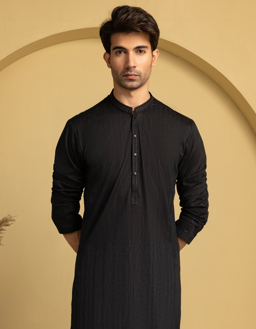 Premium Cotton Black Kurta for Men by J. Junaid Jamshed - Traditional Pakistani Formal Wear for Weddings & Festivals