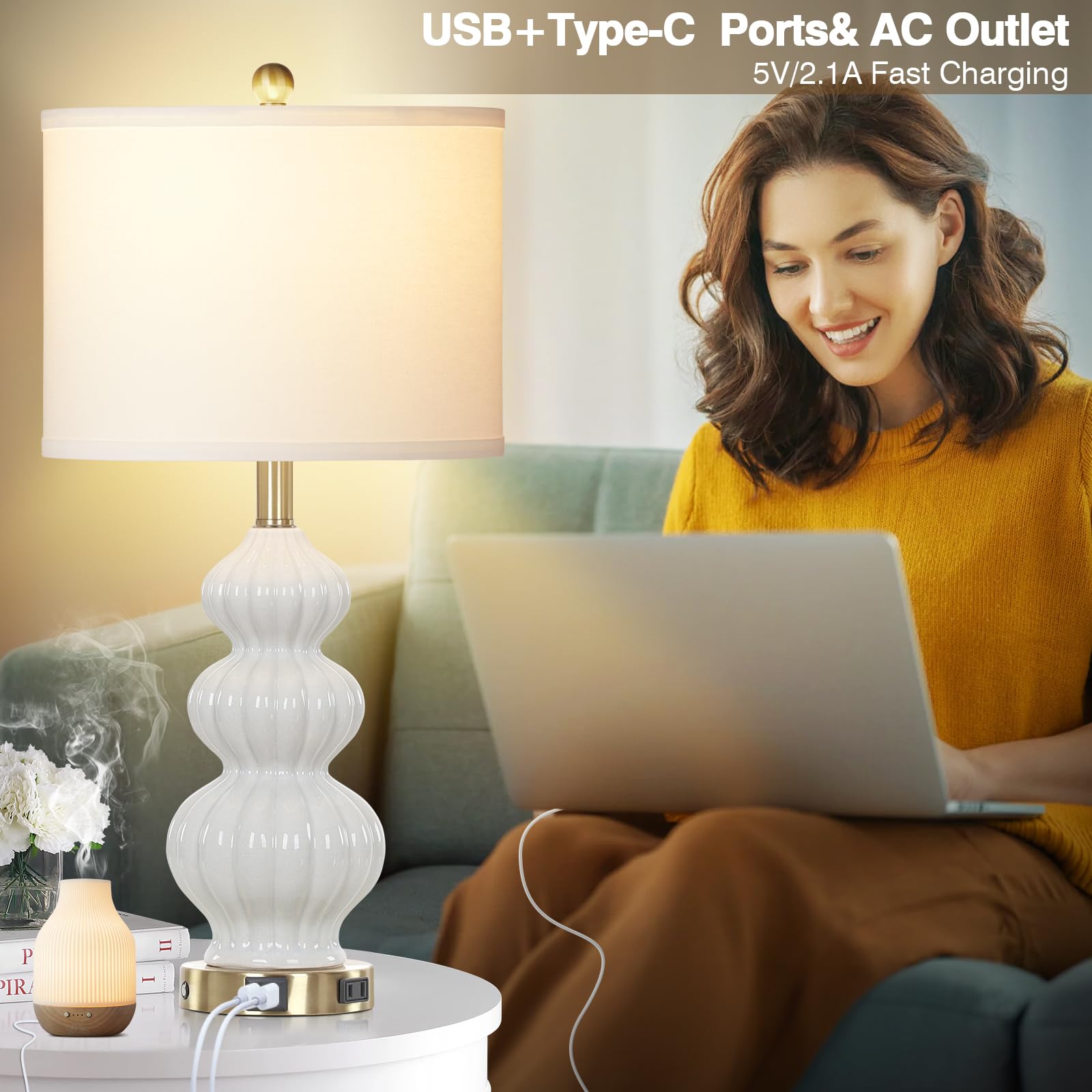 Modern Triple Gourd Ceramic Table Lamps Set of 2 - White USB Bedside Lamps with USB A+C Ports & AC Outlet, 3-Way Touch Control Nightstand Lighting for Bedroom, Living Room, Office - Perfect for Reading, Working & Home Decor