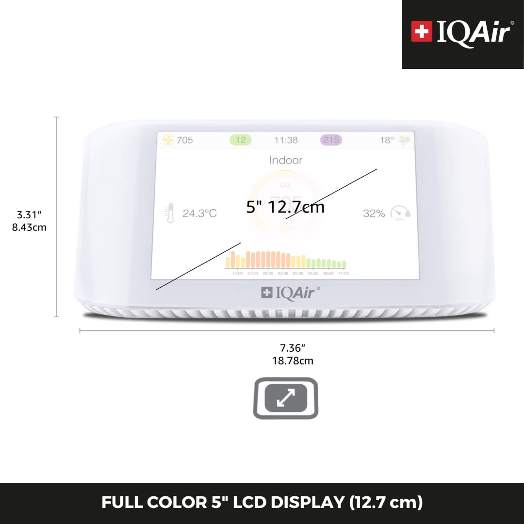 IQAir Indoor Air Quality Monitor - Swiss Design Professional Grade PM2.5 CO2 AQI Temperature Humidity Sensor with Real-Time Data & Forecasting | Home Office School Gym Monitoring System
