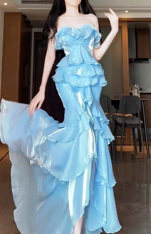 Elegant Blue Mermaid Strapless Long Ruffled Prom Dress J6758 for Women - Perfect for Homecoming, Evening Gala & Special Occasions