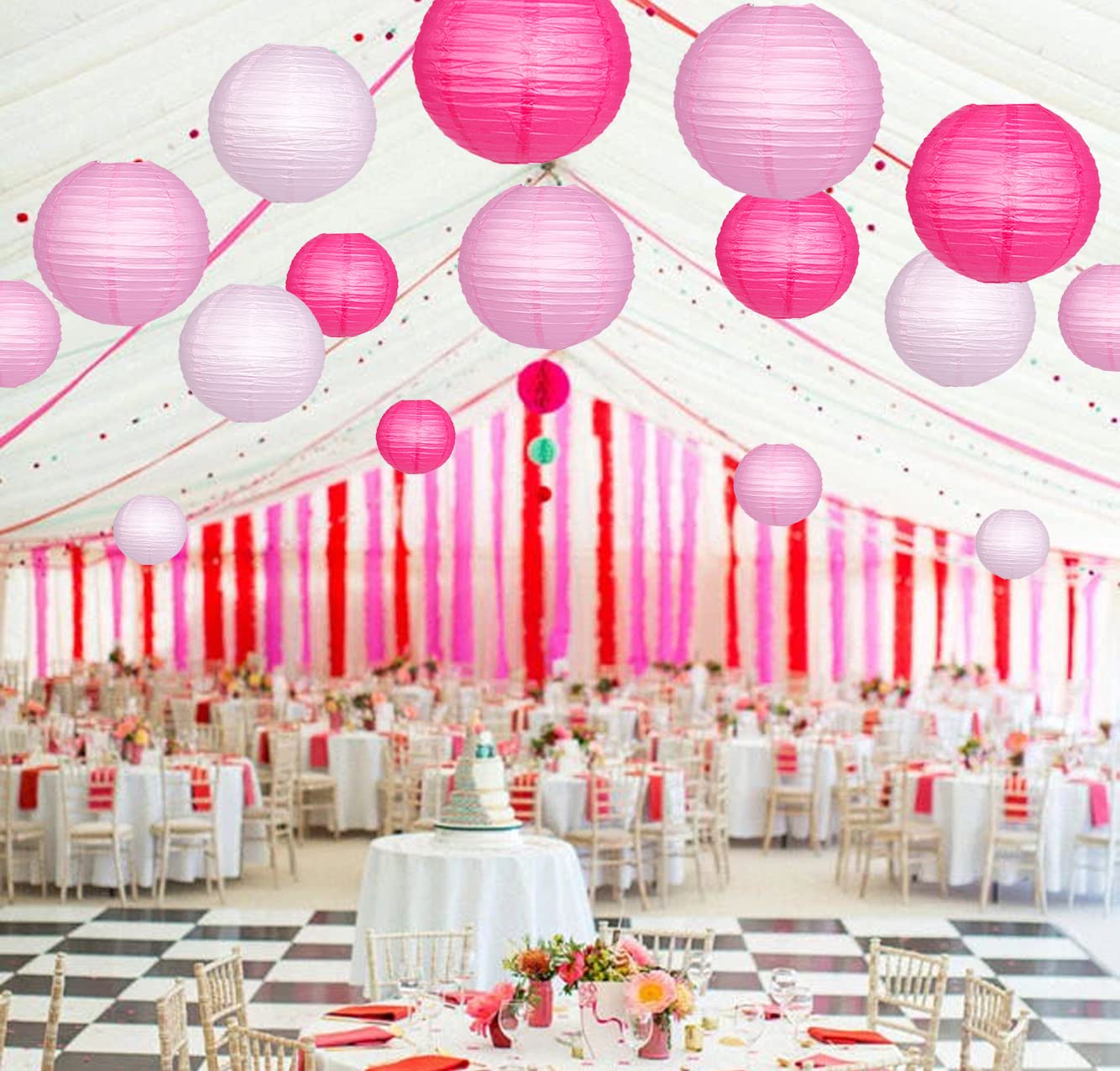 12 Pack Pink LED Chinese Paper Lanterns with Lights - Hanging Round Decorative Lanterns for Engagement, Bachelorette, Birthday Party & Wedding Decor | Indoor/Outdoor Event Lighting