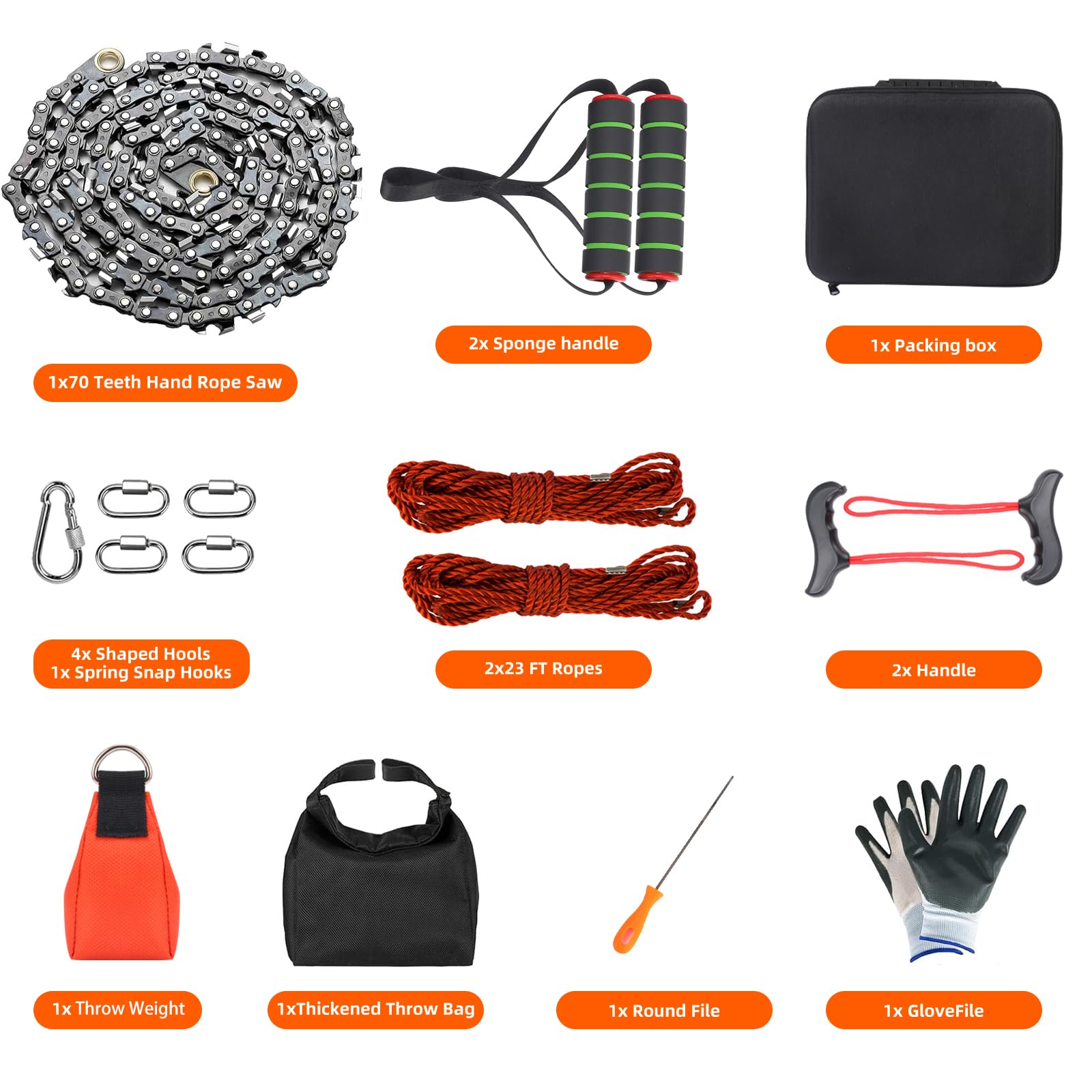 55 Inch Rope Chain Saw with 70 Sharp Teeth & 46 Feet Ropes Kit - Heavy Duty Tree Limb Cutter, Portable Pocket Chainsaw for Camping, Hiking, and Emergency Survival
