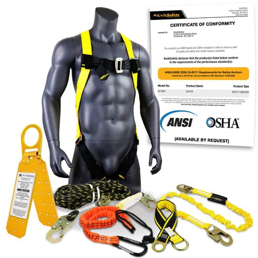 KwikSafety ANSI & OSHA Certified Fall Protection Equipment Bundle - Roof Anchor, 50' VLA, 6' Safety Lanyard, Cross Arm Strap, 1D Ring Full Body Harness & Tool Lanyard | Roofing Safety Gear for Construction Workers & DIY Home Projects