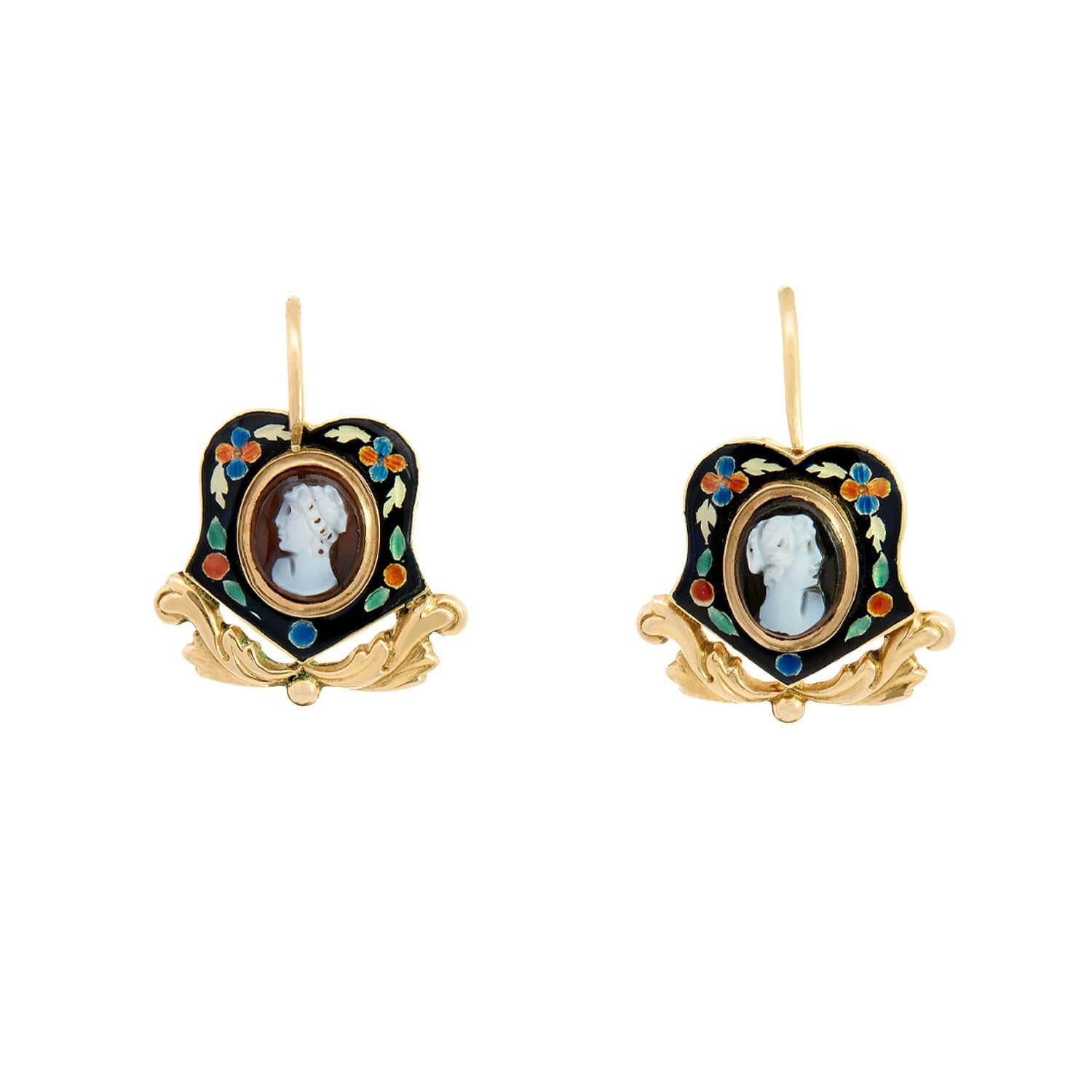 Victorian 18k Gold Shell Cameo Swiss Enamel Day & Night Earrings - Antique Jewelry for Weddings, Parties & Special Occasions