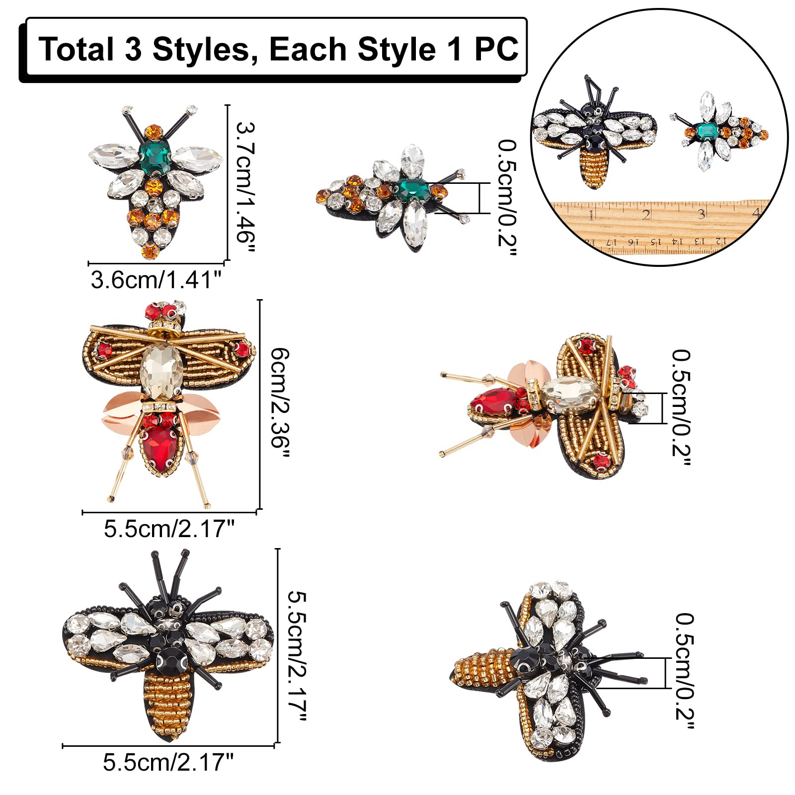 INFUNLY 3PCS Bees Beaded Patches - Rhinestone Sew On Sequin Appliques for DIY Crafts, Jeans, Jackets, Clothing & Accessories | Handmade Insect Bead Embroidered Patches for Bags, Shoes & Denim - Perfect for Customizing Outfits & Gifts