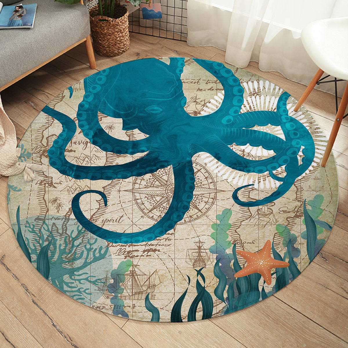 Soft Octopus Love Round Area Rug for Living Room, Bedroom, Nursery - Non-Slip Comfortable Floor Mat for Kids and Adults