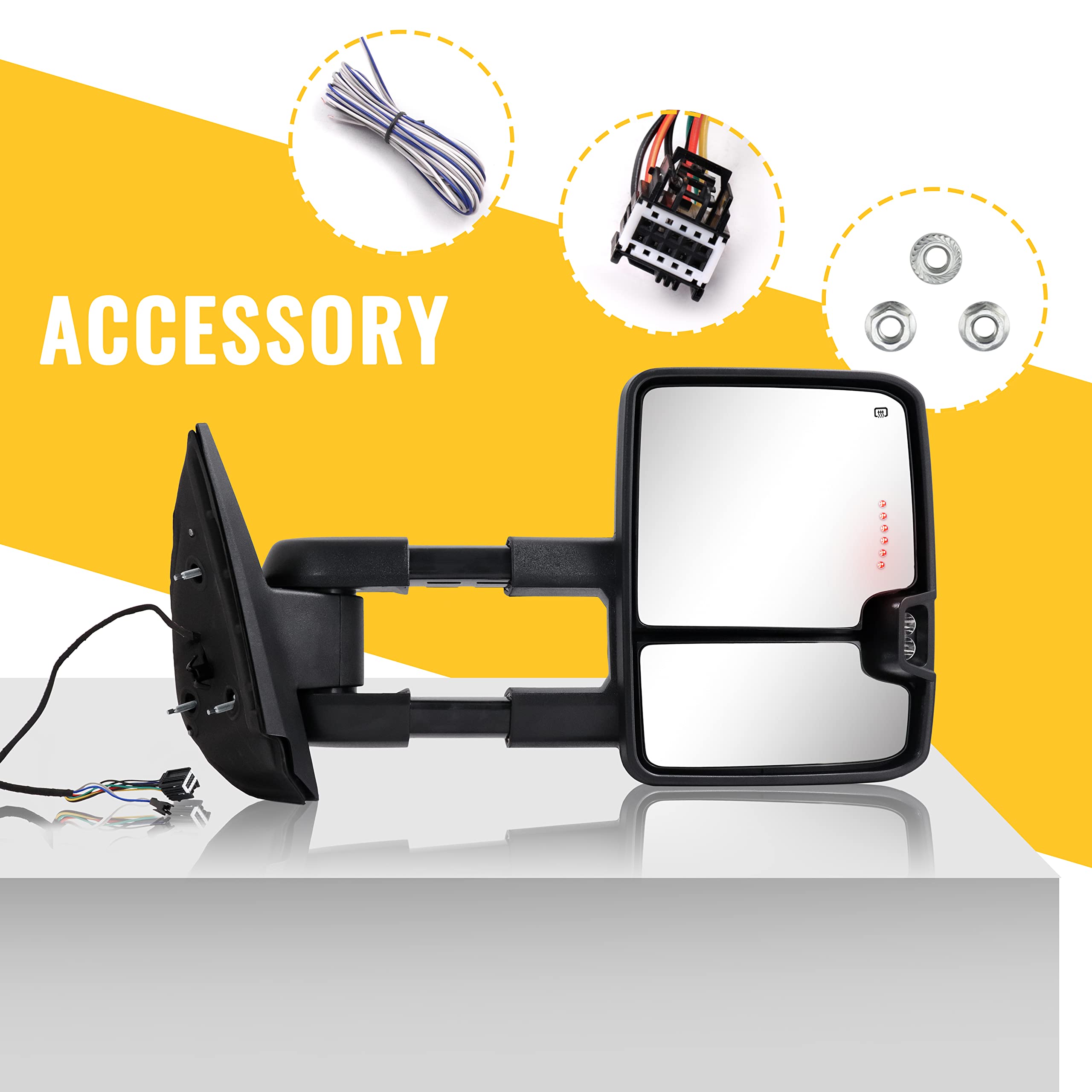 2007-2013 Chevy Silverado Suburban Tahoe GMC Sierra Yukon Towing Mirrors with Switchback Dynamic Turn Signal, Running Lights, Power Glass & Heated Backup Lamps - Black Textured - Perfect for Towing, Night Driving & Winter Conditions