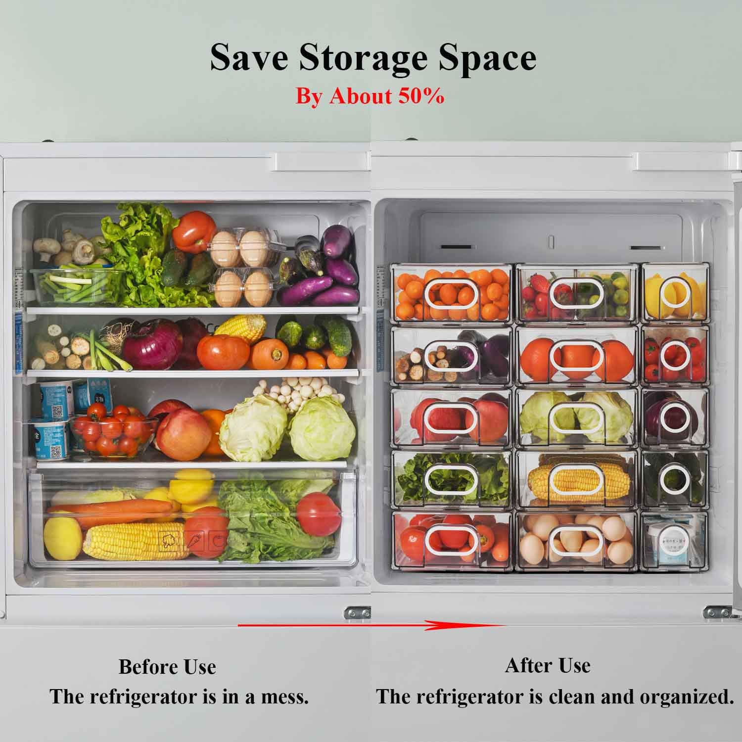 6-Piece Stackable Refrigerator Organizer Set with 3 Drawers & 3 Bins - Heavy Duty Fridge Storage Bins with White Handles for Easy Pull-Out Access - Perfect for Kitchen Organization, Grocery Storage & Meal Prep