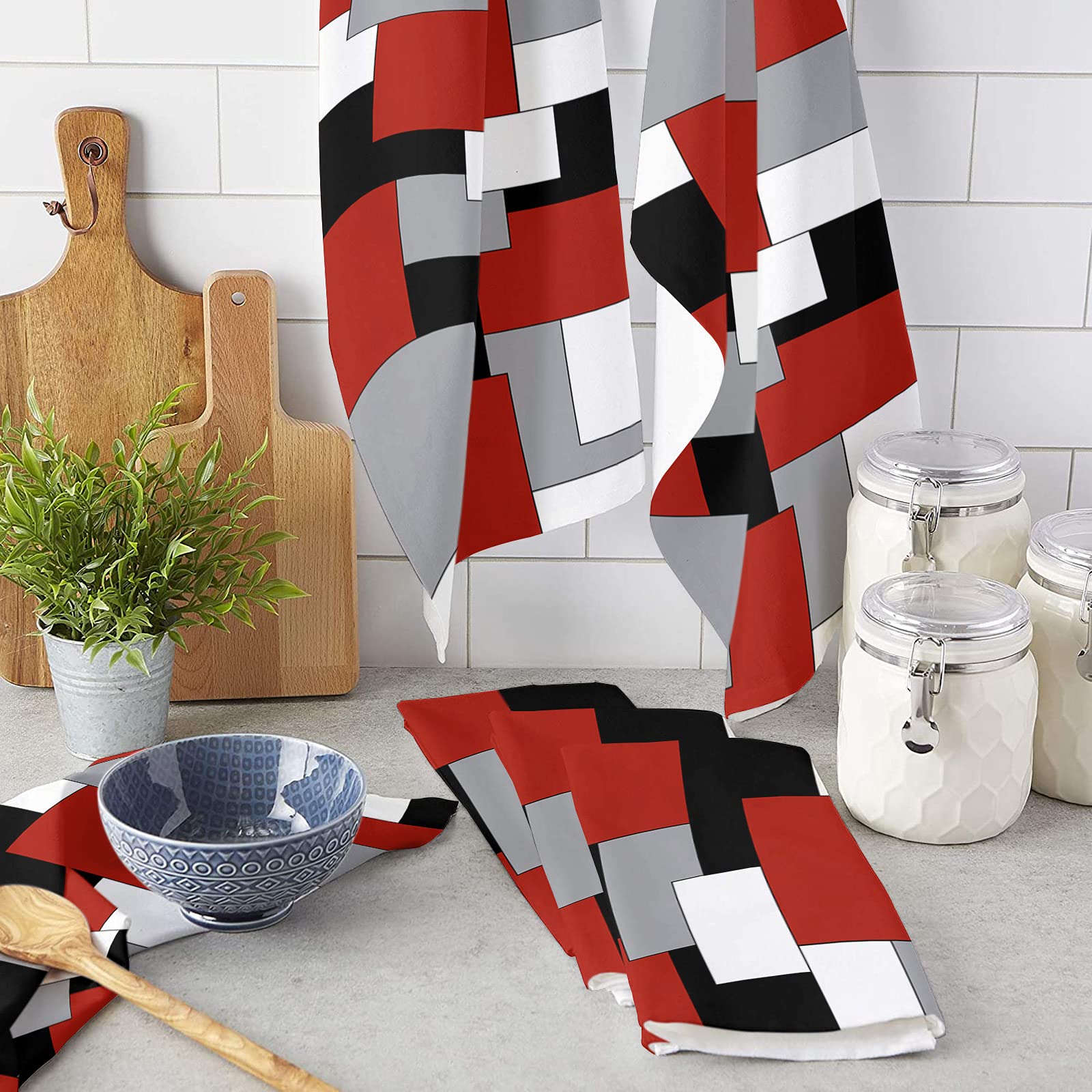 Geo Kitchen Towels - Soft Cotton Dish Cloths 16x28 Inches, White Grey Black Red Abstract Geometric Pattern - Multipurpose Tea Towels, Bar Towels & Hand Towels (1 Pack) - Perfect for Kitchen, Dining & Bar Use