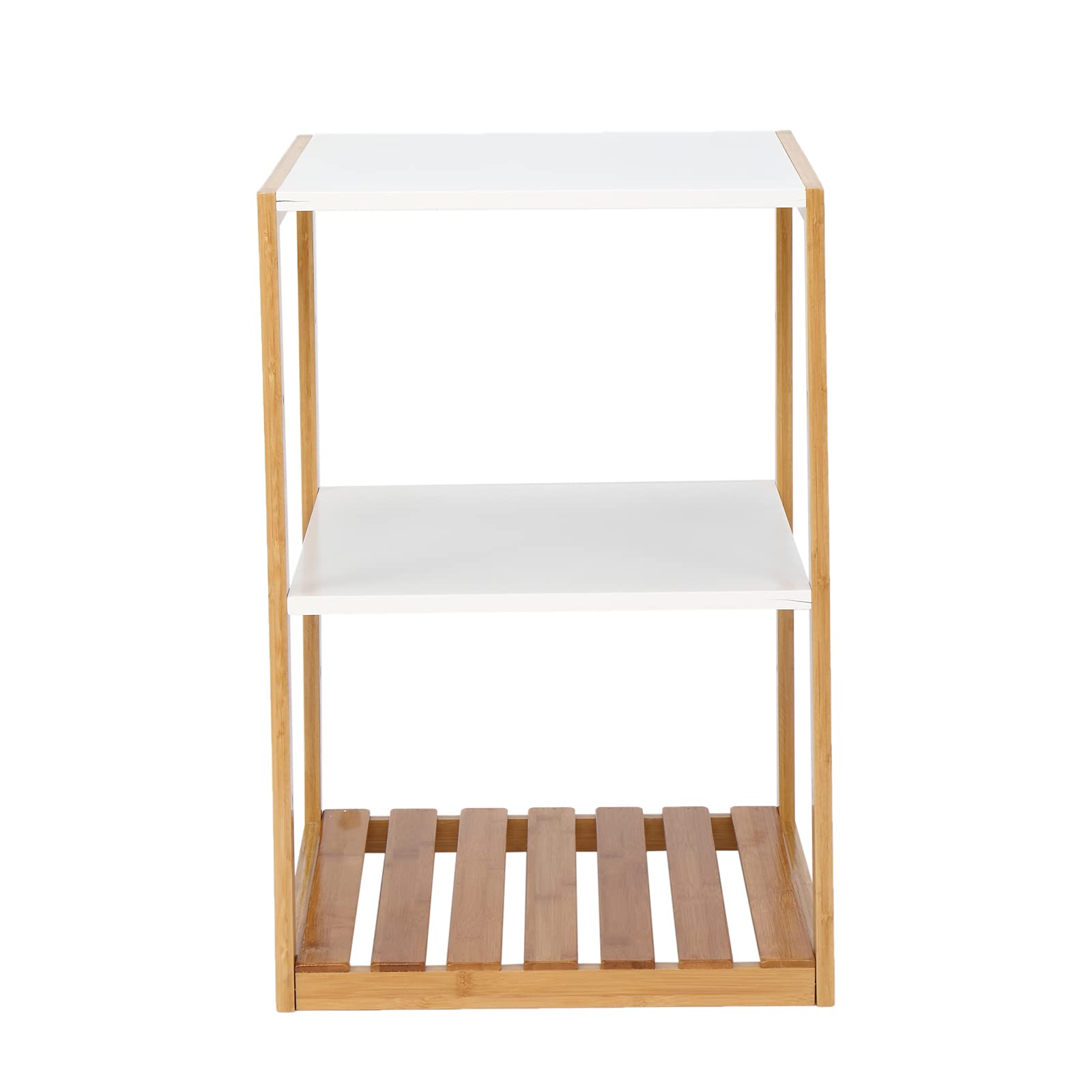 Liupoket FCH 43.2 x 43.2 x 63.5cm 3-Tier Bamboo Side Table with White Rectangular Top & Natural Wood Legs - Perfect for Living Room, Bedroom, or Outdoor Use