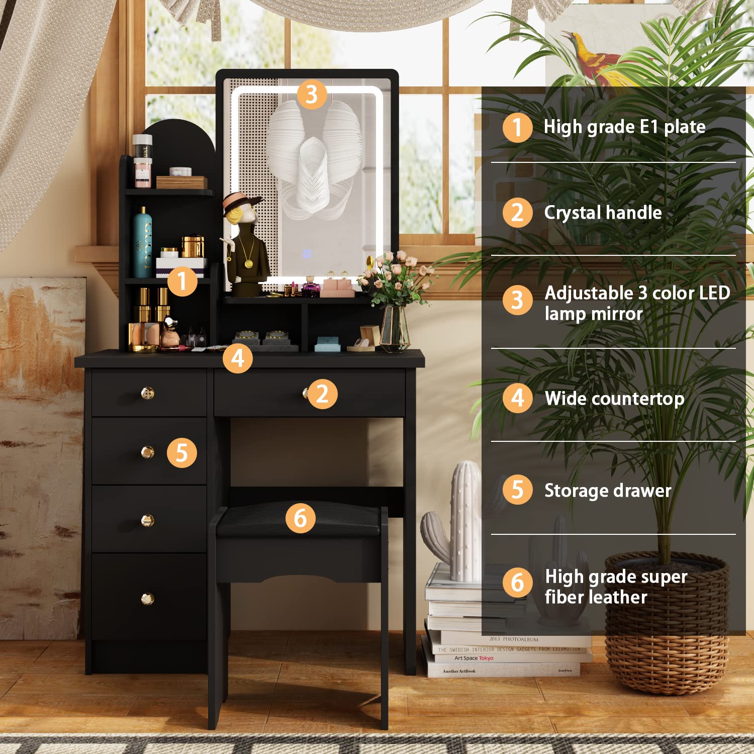 Black Vanity Set with Lighted Mirror & Stool - 5 Drawers Dresser for Makeup & Dressing