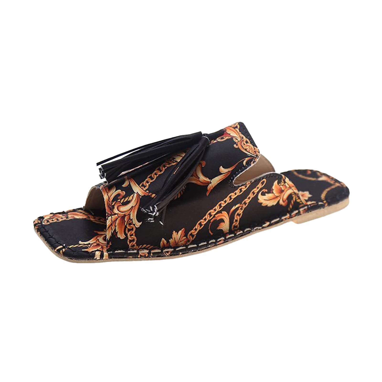 Women's Flat Tassel Flower Sandals - Casual Black Ruffle Slippers for Home, Beach & Summer Outfits | Comfortable Decorative House Shoes