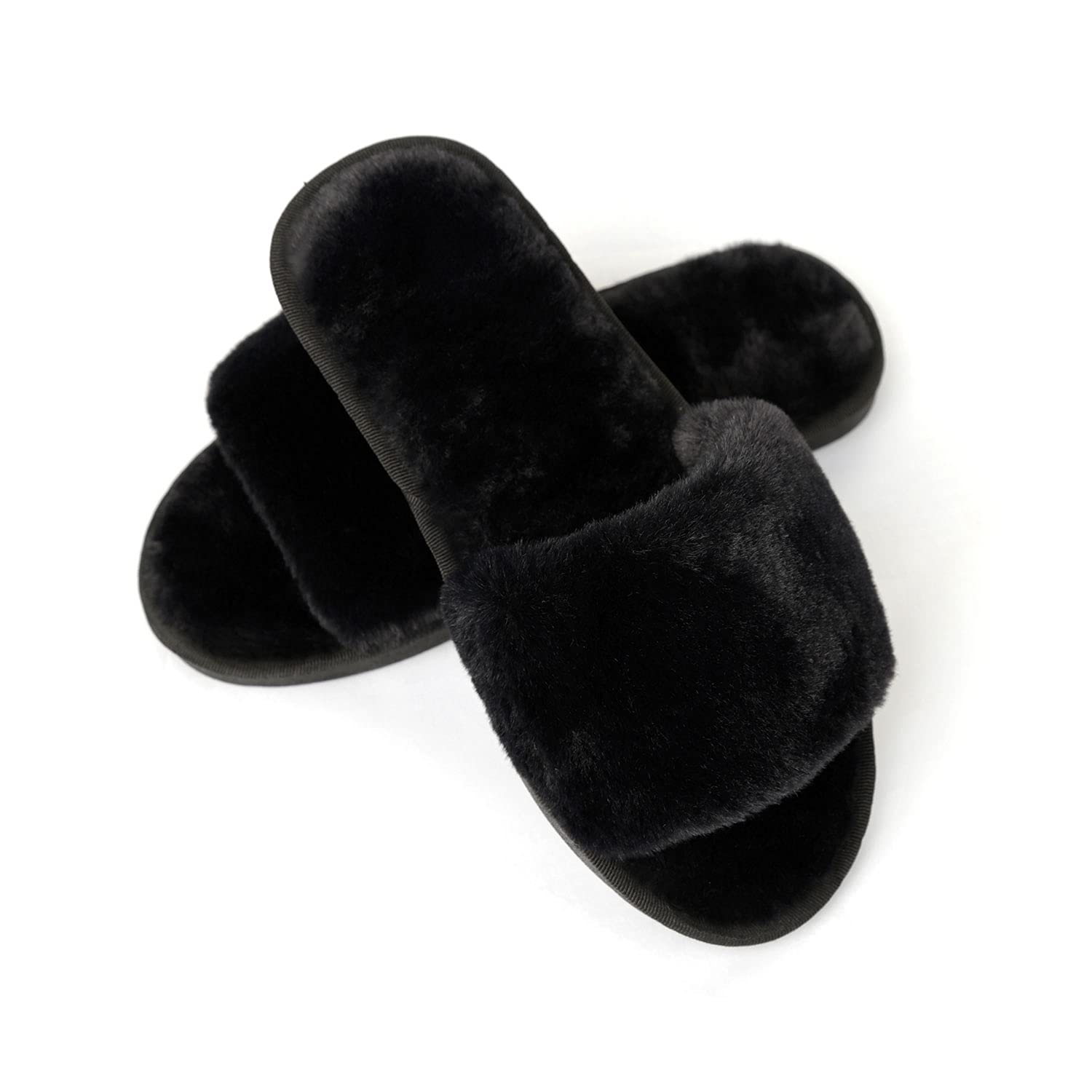 Women's Open Toe Furry Slippers with Memory Foam - Soft Plush Fleece Anti-Slip House Shoes for Indoor & Outdoor Use - Cozy Home, Lounge & Bedroom Comfort