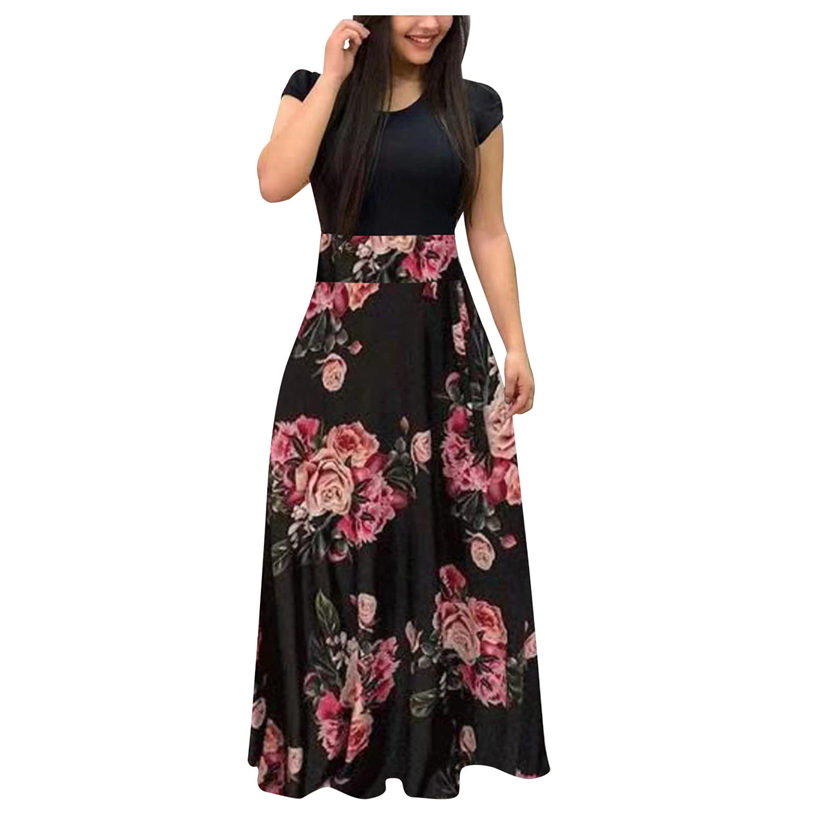Zieglen Women's Floral Patchwork Long Maxi Dress - Casual Beach Sundress with Swing Skirt | Perfect for Summer Vacations, Beach Parties & Boho Fashion Outfits