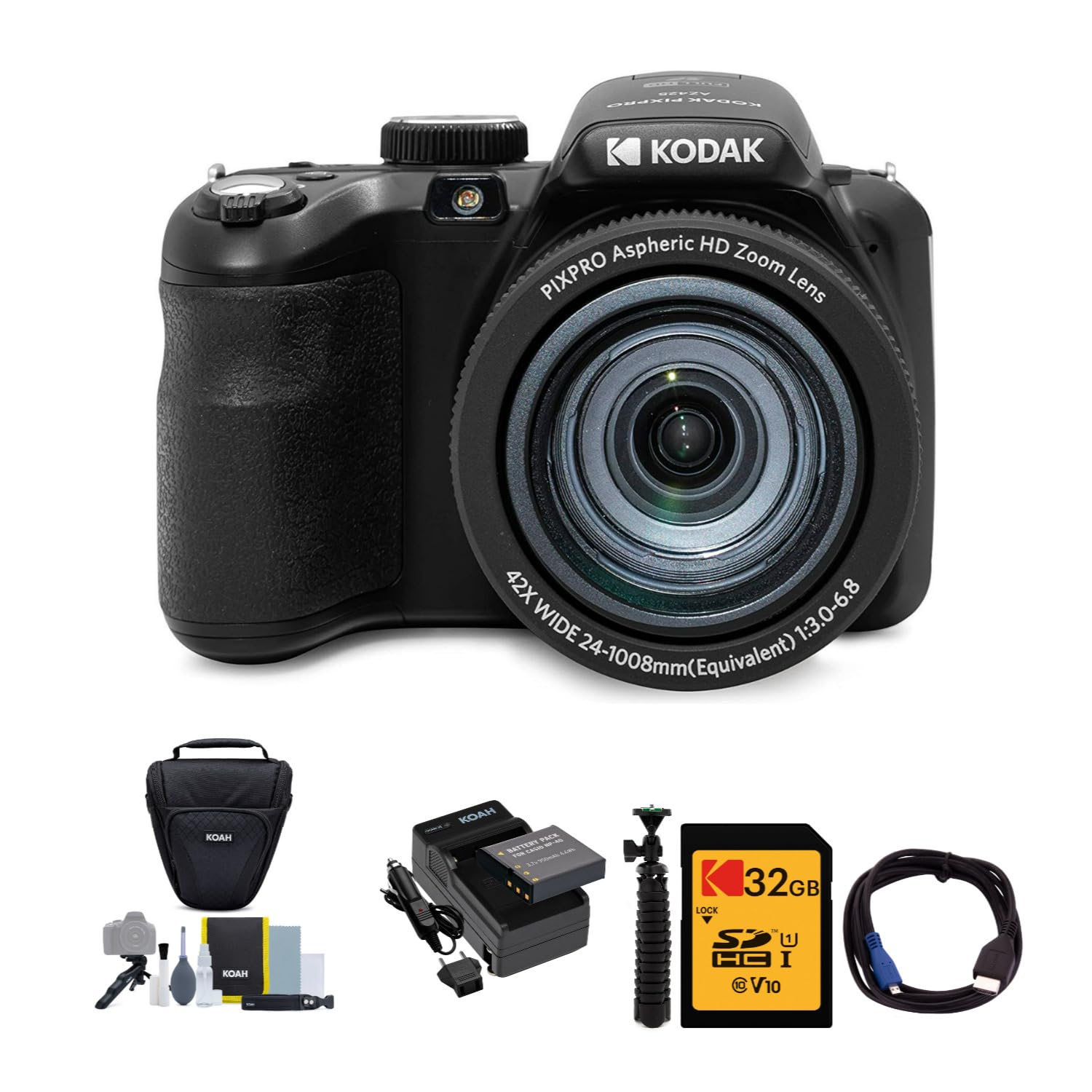 KODAK PIXPRO AZ425 20MP Digital Camera with 16X Optical Zoom - Black Bundle (32GB SD Card, Case, Tripod, Battery Kit) - Perfect for Travel Photography, Vlogging & Family Events