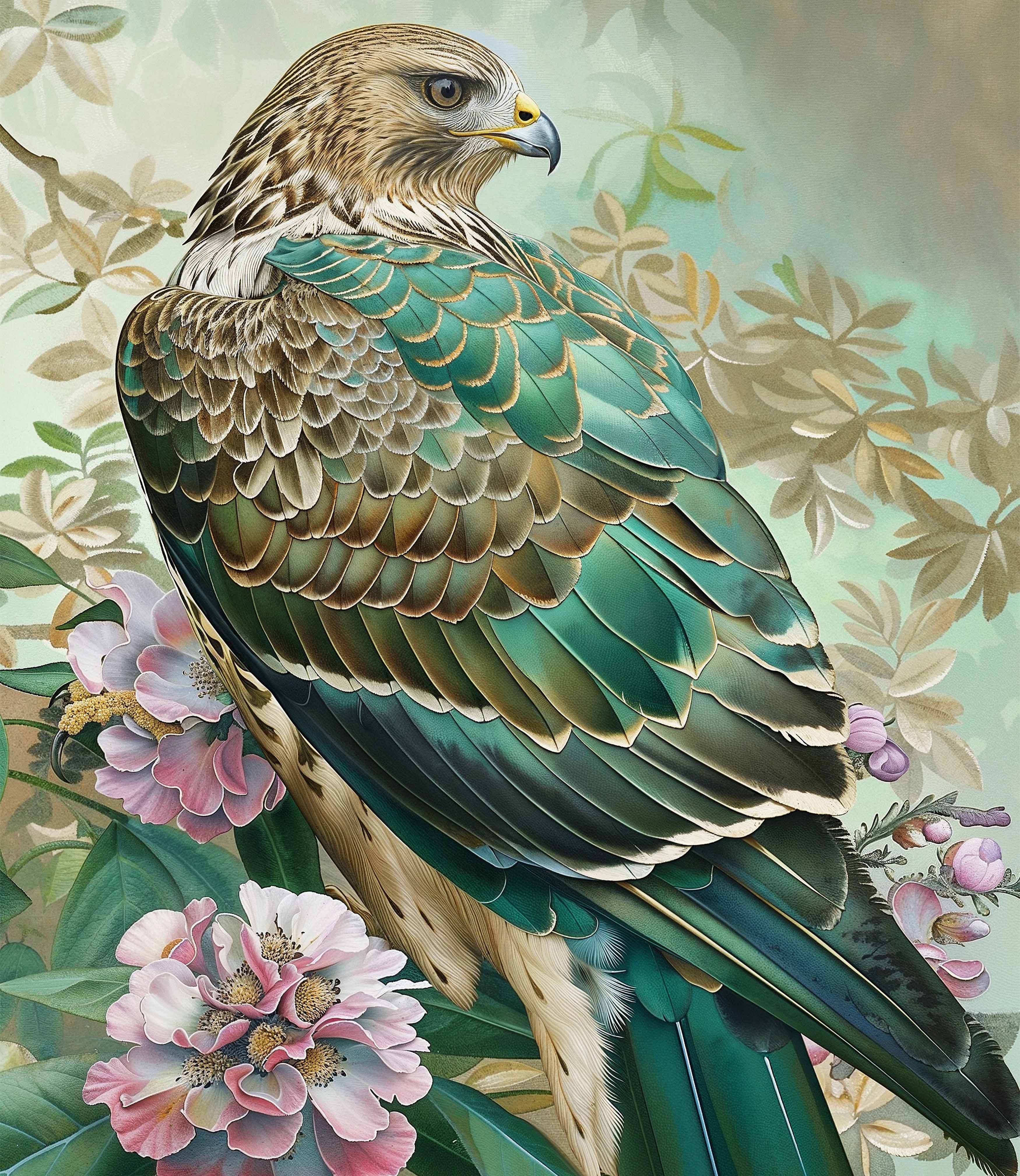 Emerald Majesty Hawk Amidst Blossoms Limited Edition Canvas Wall Art - Nature Inspired Home Decor for Living Room, Bedroom & Office