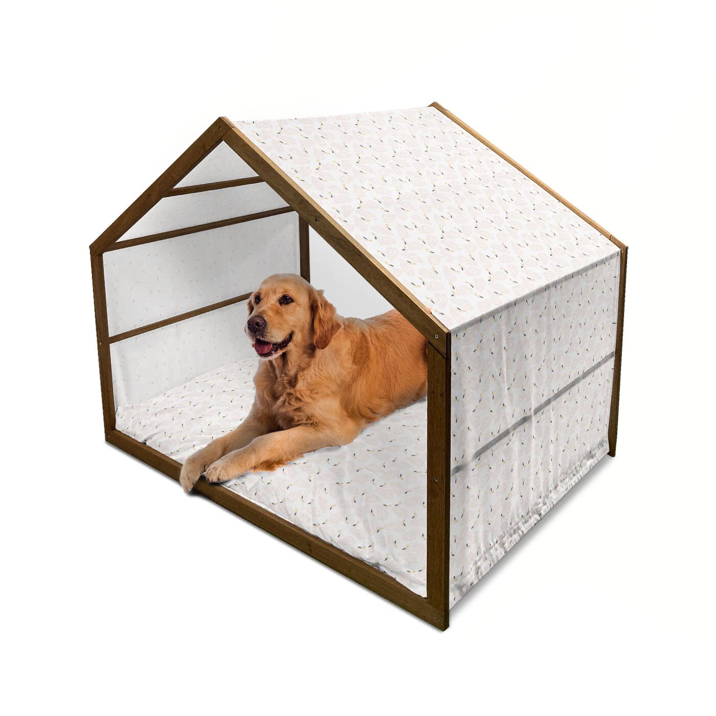 Ambesonne Swan Wooden Dog House - Doodle Style Pastel Color Cartoon Swan Design, Indoor & Outdoor Portable Pet Kennel with Pillow & Cover - X-Large Peach Marigold Black - Perfect for Backyard, Patio, or Living Room Decor