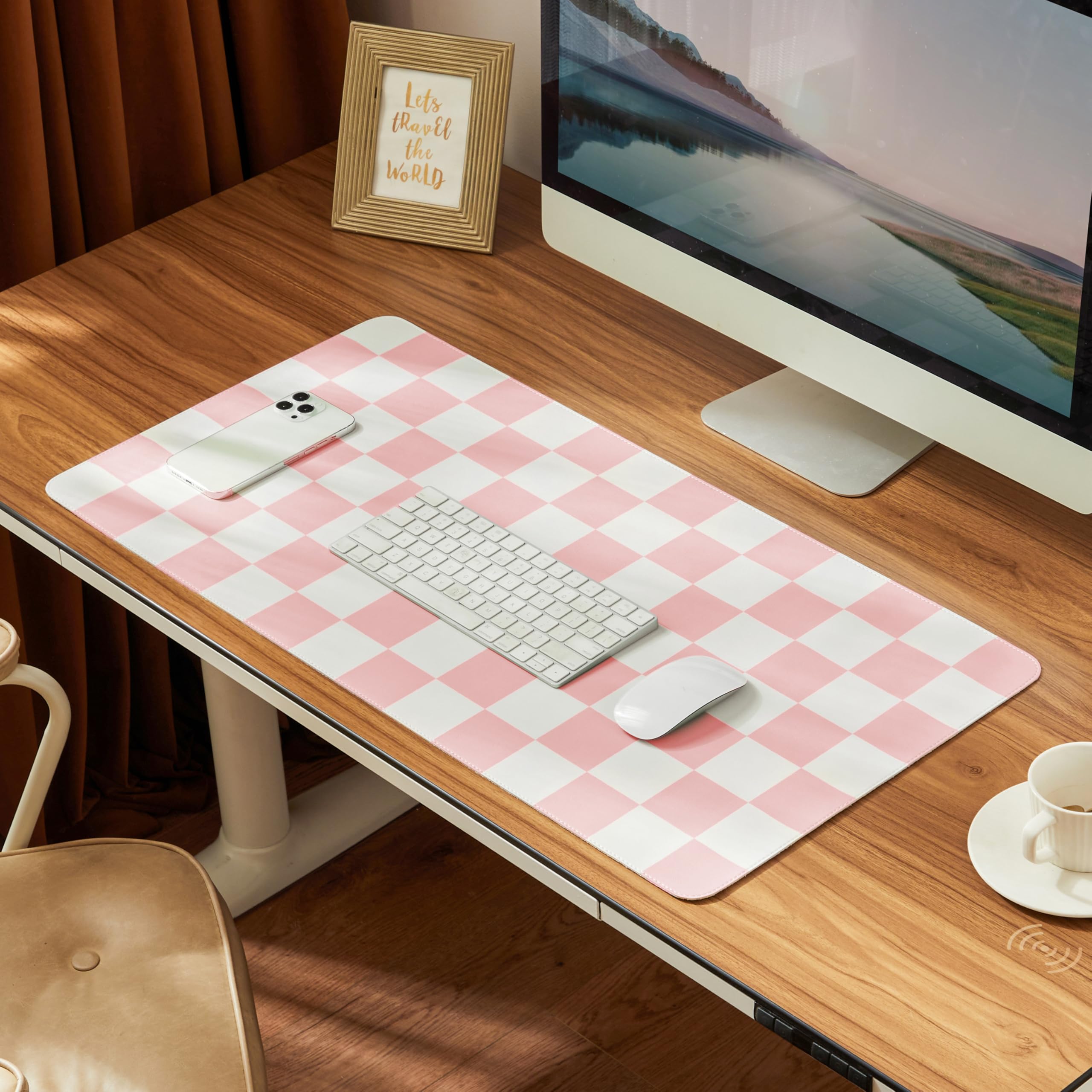 Pink Checkered Desk Mat - 31.5